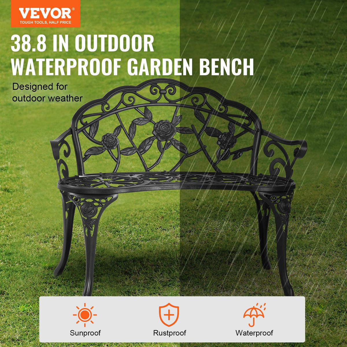 Outdoor Bench, 38.8 inches Metal Garden Bench for Outdoors, 480 lbs Load Capacity Bench, Outdoor Garden Park Bench with Backrest and Armrests, Patio Bench for Garden, Park, Yard, Front Porch