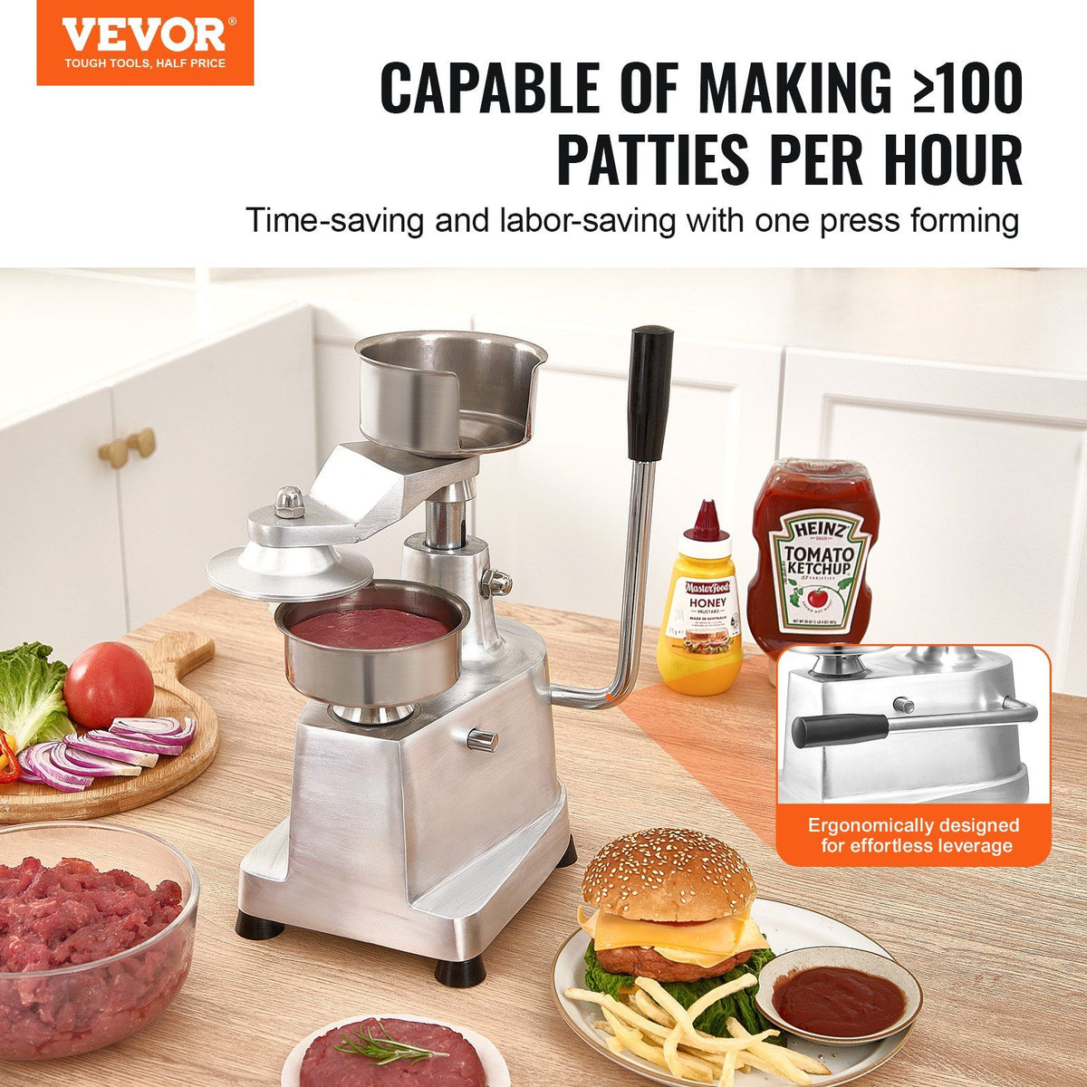 Commercial Burger Patty Maker, 100mm Hamburger Beef Patty Maker, Heavy Duty Food-Grade Stainless Steel Bowl Burger Press Machine, Kitchen Meat Forming Processor with 1000 Pcs Patty Papers