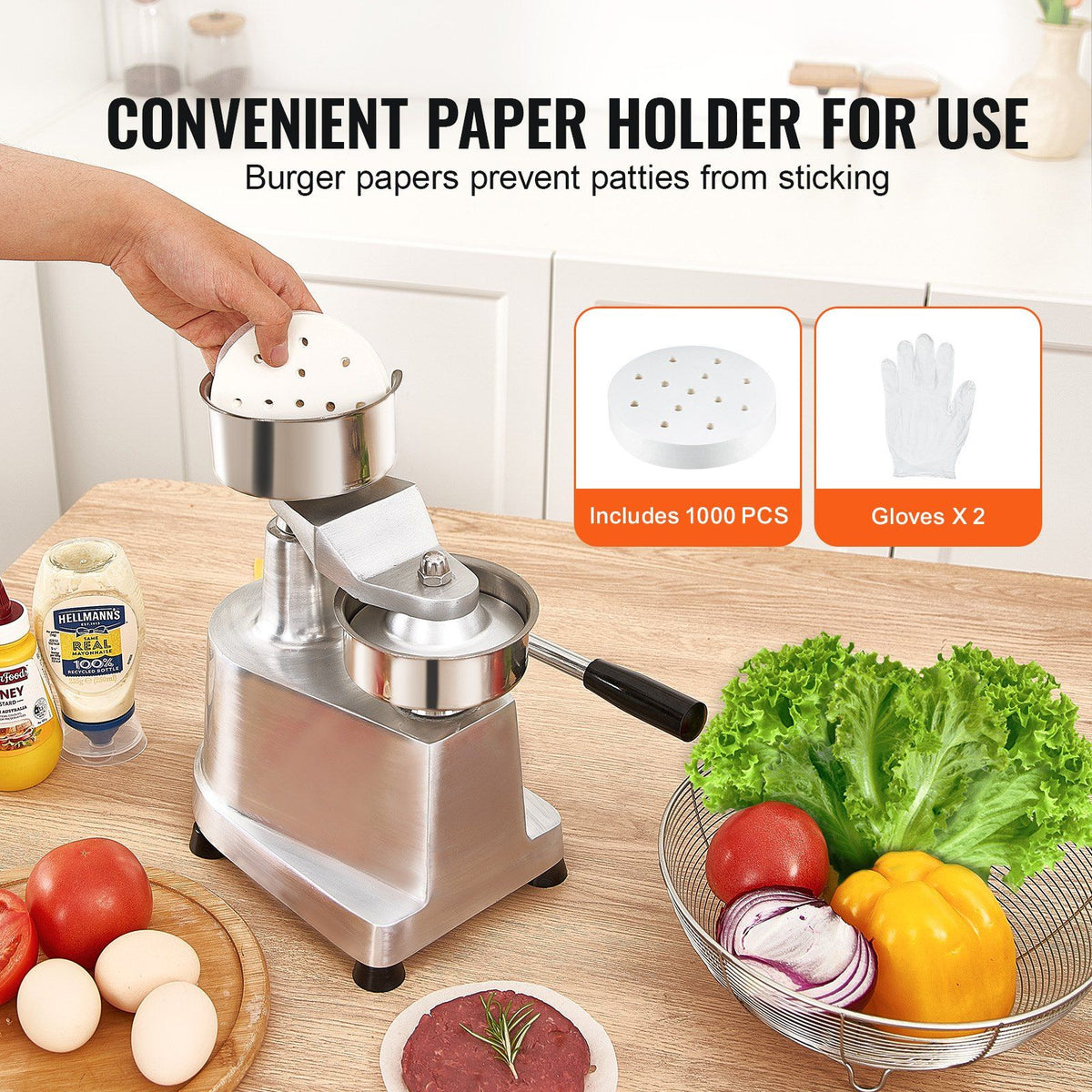 Commercial Burger Patty Maker, 100mm Hamburger Beef Patty Maker, Heavy Duty Food-Grade Stainless Steel Bowl Burger Press Machine, Kitchen Meat Forming Processor with 1000 Pcs Patty Papers