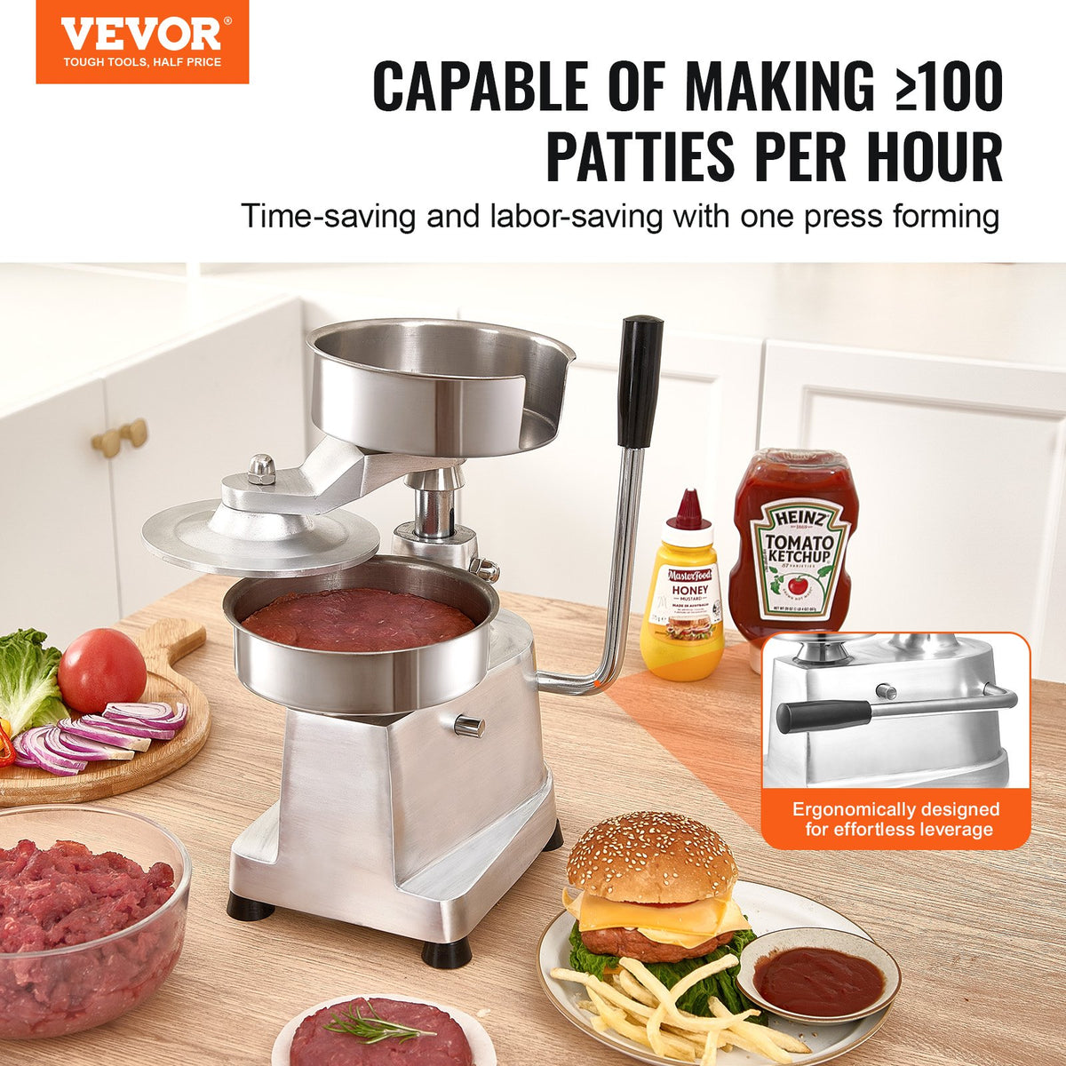 Commercial Burger Patty Maker, 150mm Hamburger Beef Patty Maker, Heavy Duty Food-Grade Stainless Steel Bowl Burger Press Machine, Kitchen Meat Forming Processor with 1000 Pcs Patty Papers