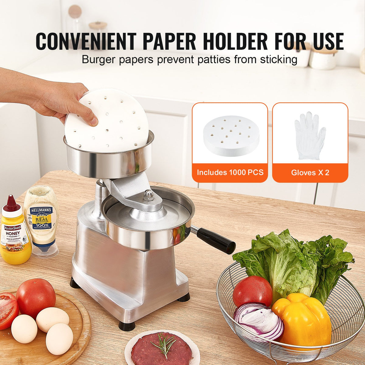Commercial Burger Patty Maker, 150mm Hamburger Beef Patty Maker, Heavy Duty Food-Grade Stainless Steel Bowl Burger Press Machine, Kitchen Meat Forming Processor with 1000 Pcs Patty Papers
