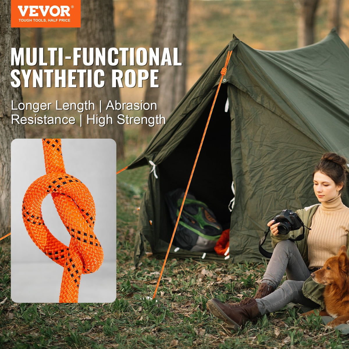 Double Braided Polyester Rope, 12.7 mm x 36.57 m, 48 Strands, 35.58kN Breaking Strength Outdoor Climbing Rope, Arborist Rigging Rope for Rock Hiking Camping Swing Rappelling Rescue, Orange/Black