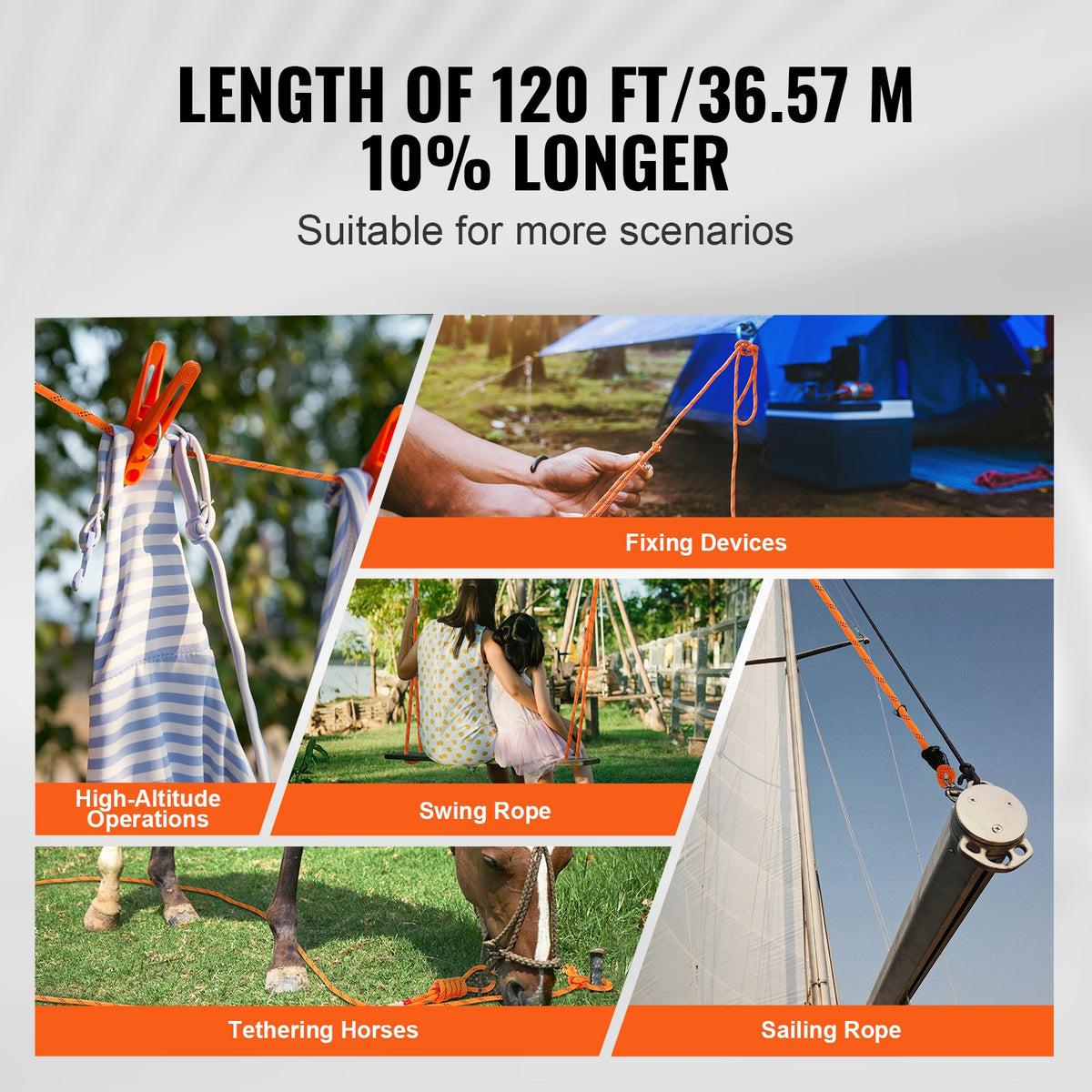 Double Braided Polyester Rope, 12.7 mm x 36.57 m, 48 Strands, 35.58kN Breaking Strength Outdoor Climbing Rope, Arborist Rigging Rope for Rock Hiking Camping Swing Rappelling Rescue, Orange/Black