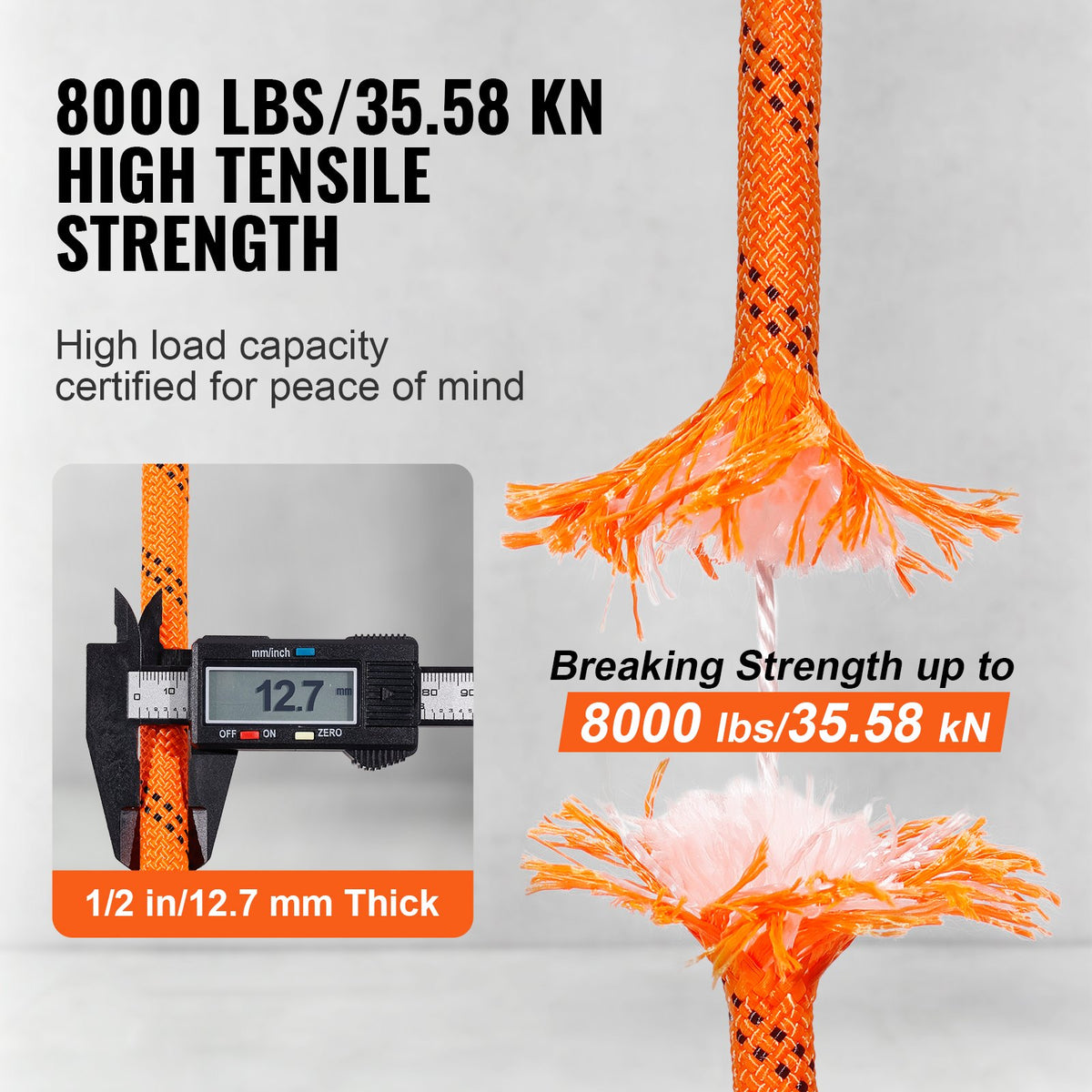 Double Braided Polyester Rope, 12.7 mm x 36.57 m, 48 Strands, 35.58kN Breaking Strength Outdoor Climbing Rope, Arborist Rigging Rope for Rock Hiking Camping Swing Rappelling Rescue, Orange/Black
