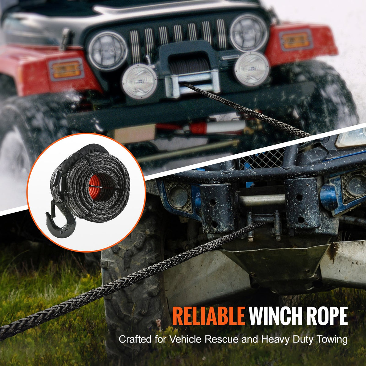 Synthetic Winch Rope, 12.7 mm x 28 m, 142.3 kN, Synthetic Winch Line Cable Rope with Protective Sleeve + Forged Winch Hook + Pull Strap, Universal Fit for SUV, Large Off-Road Vehicle, Truck