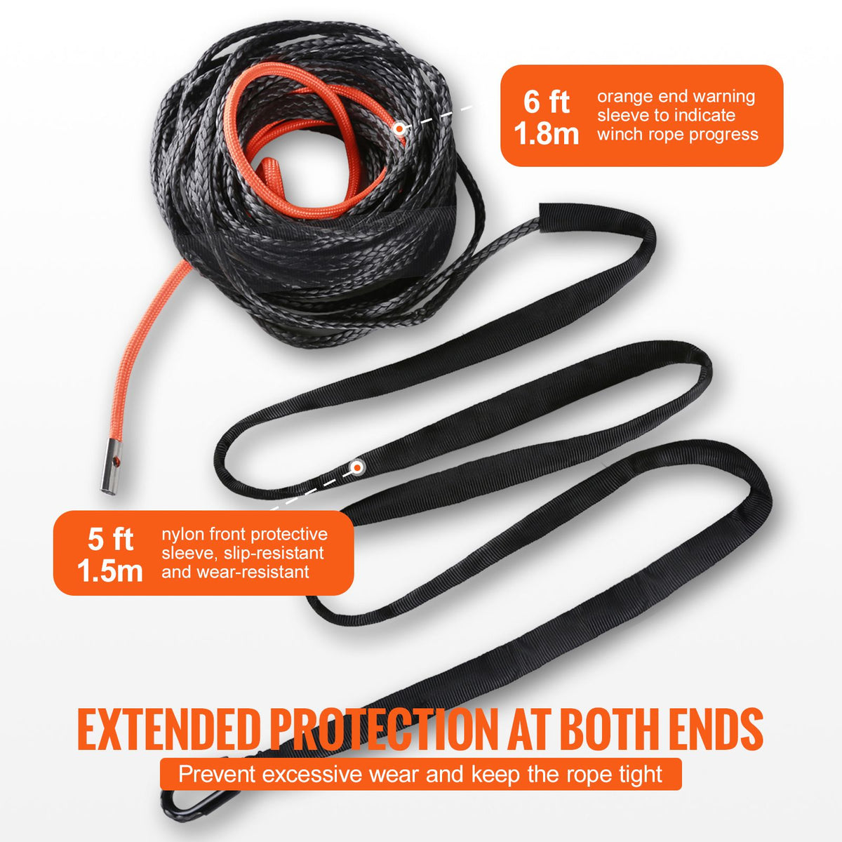 Synthetic Winch Rope, 9.5 mm x 30.5 m, 117.9 kN, Synthetic Winch Line Cable Rope with Protective Sleeve + Forged Winch Hook + Pull Strap, Universal Fit for SUV, Large Off-Road Vehicle, Truck