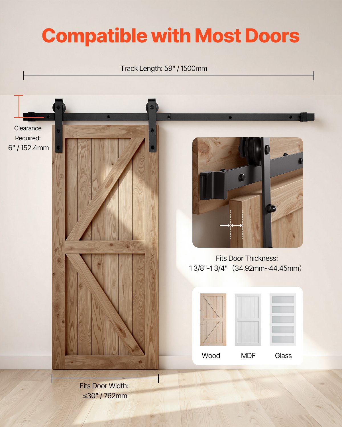 1500 mm Sliding Barn Door Hardware Kit for Single Sliding Barn Door Black