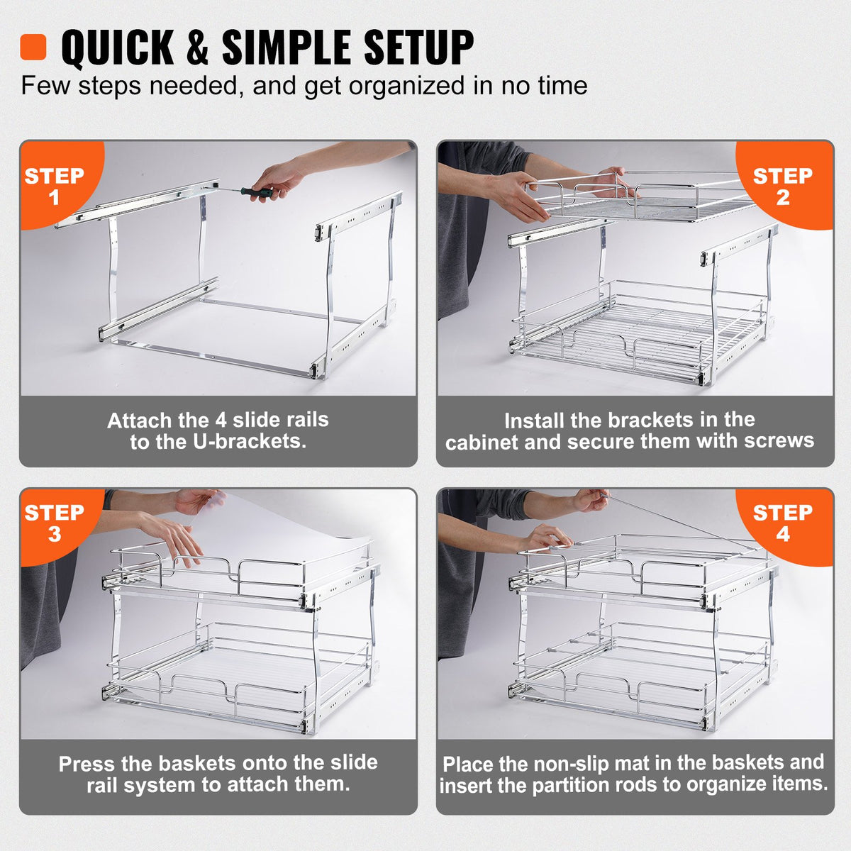 2 Tier 20"Wx21"Dx15"H Pull Out Cabinet Organizer, Heavy Duty Slide Out Pantry Shelves, Steel Roll Out Drawers, Sliding Drawer Storage for Home, 21.5"Wx22"Dx18"H Install Size for Cabinet