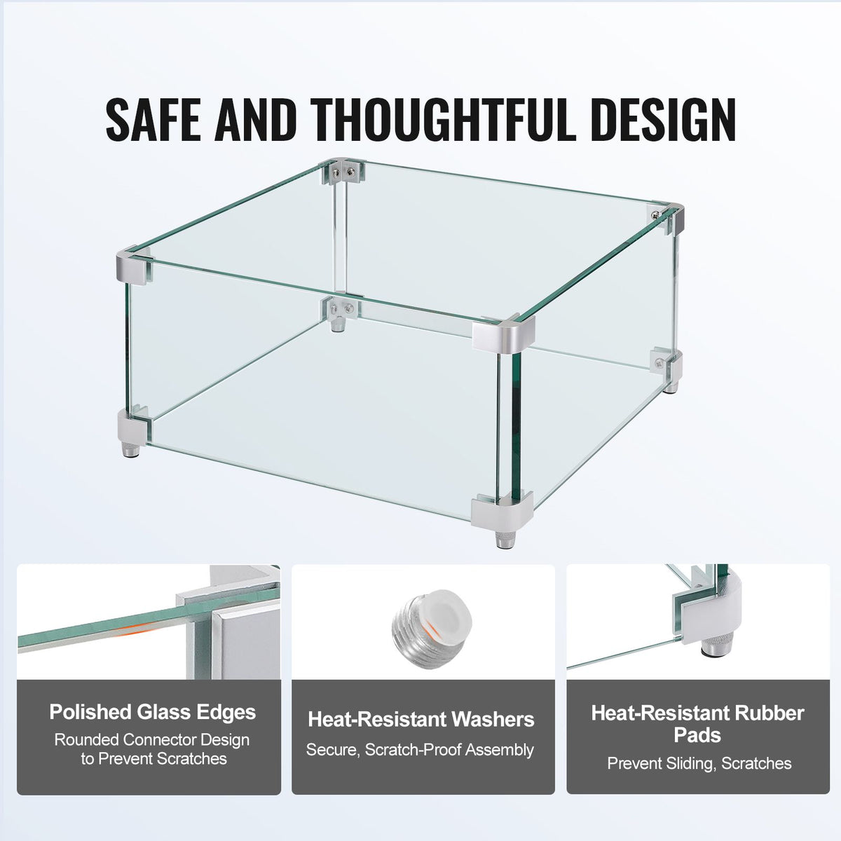 Gas Fire Pit Wind Guard for Square Fire Table, 380 x 380 x 180 mm Clear Tempered Wind Guard for Firepits, 8mm Thick Square Glass Shield, Glass Panel with Hard Corner Bracket & Feet