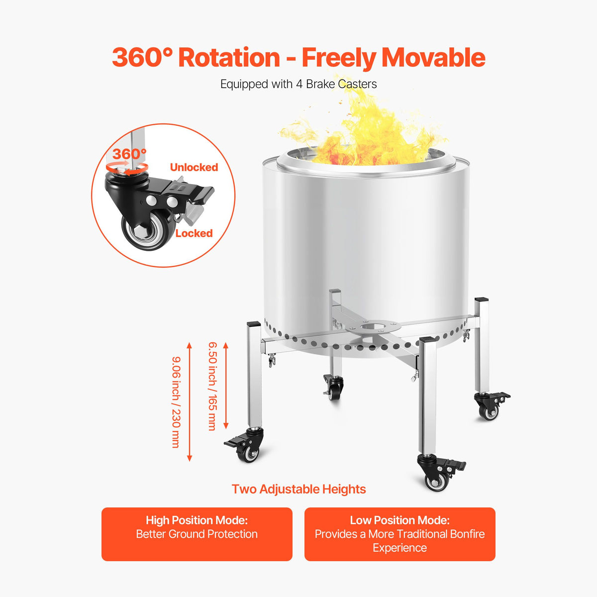 Fire Pit Stand, 38-68.6 cm Adjustable Stretch with 4 Casters, Firepit Stand for Solo Stove Bonfire Ranger Yukon & Other Outside Firepit, Stainless Steel Camping Fire Pit Accessory for Fireplace