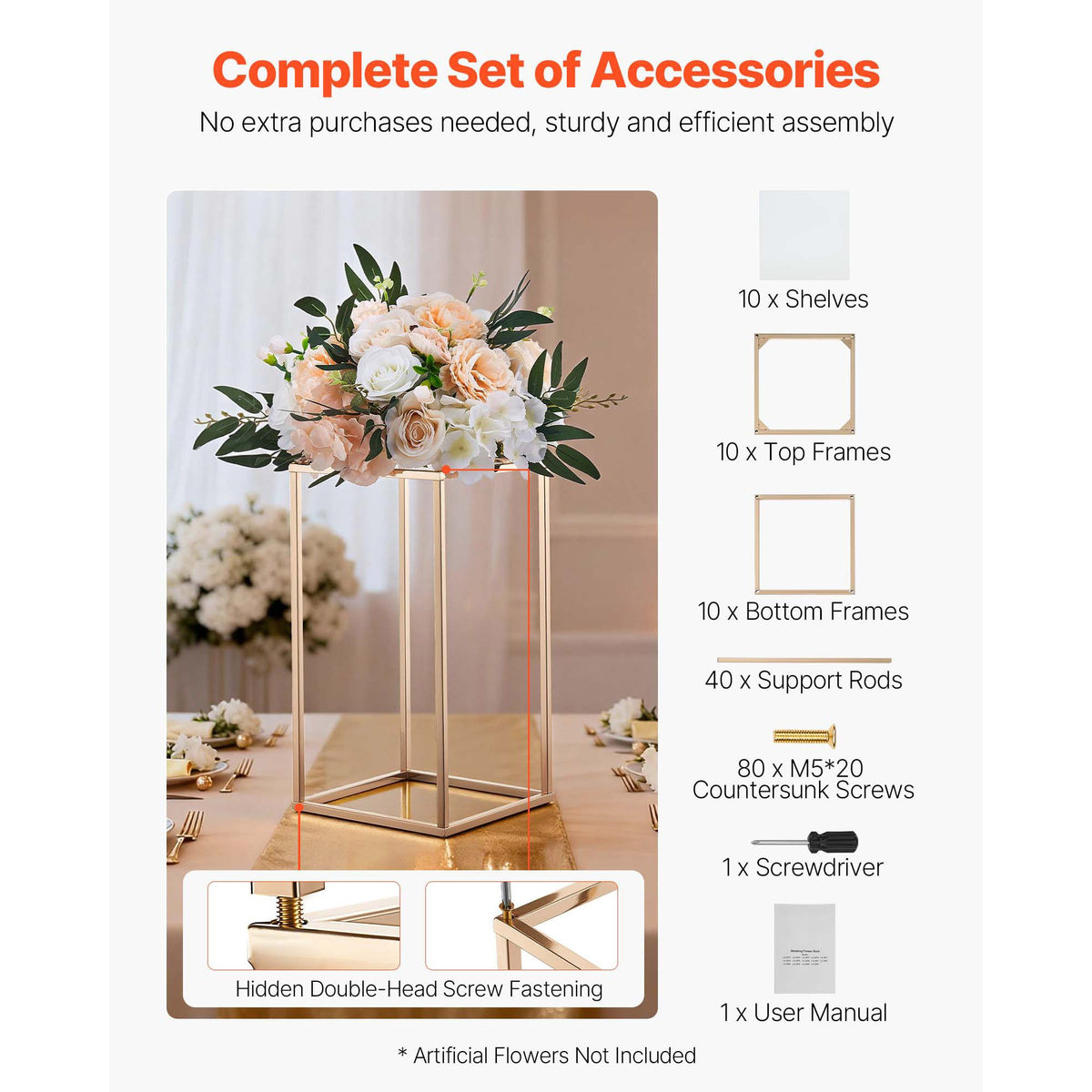 Wedding Flower Stand, 10PCS 40cm Column Flower Stand, Floral Stands with Acrylic Laminate, Gold Rectangular Floral Display Rack for Wedding, Party, Birthday, Home, Gold Centerpiece Stands