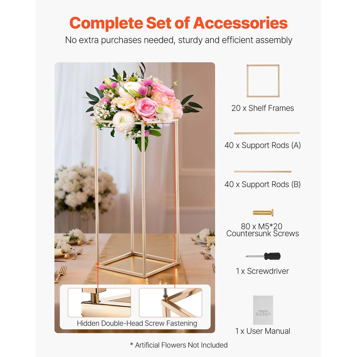 Wedding Flower Stand, 10PCS 60cm Column Flower Stand, Floral Stands with Hidden Screw, Rectangular Cubic Floral Display Rack for Wedding, Party, Birthday, Home, Gold Centerpiece Stands