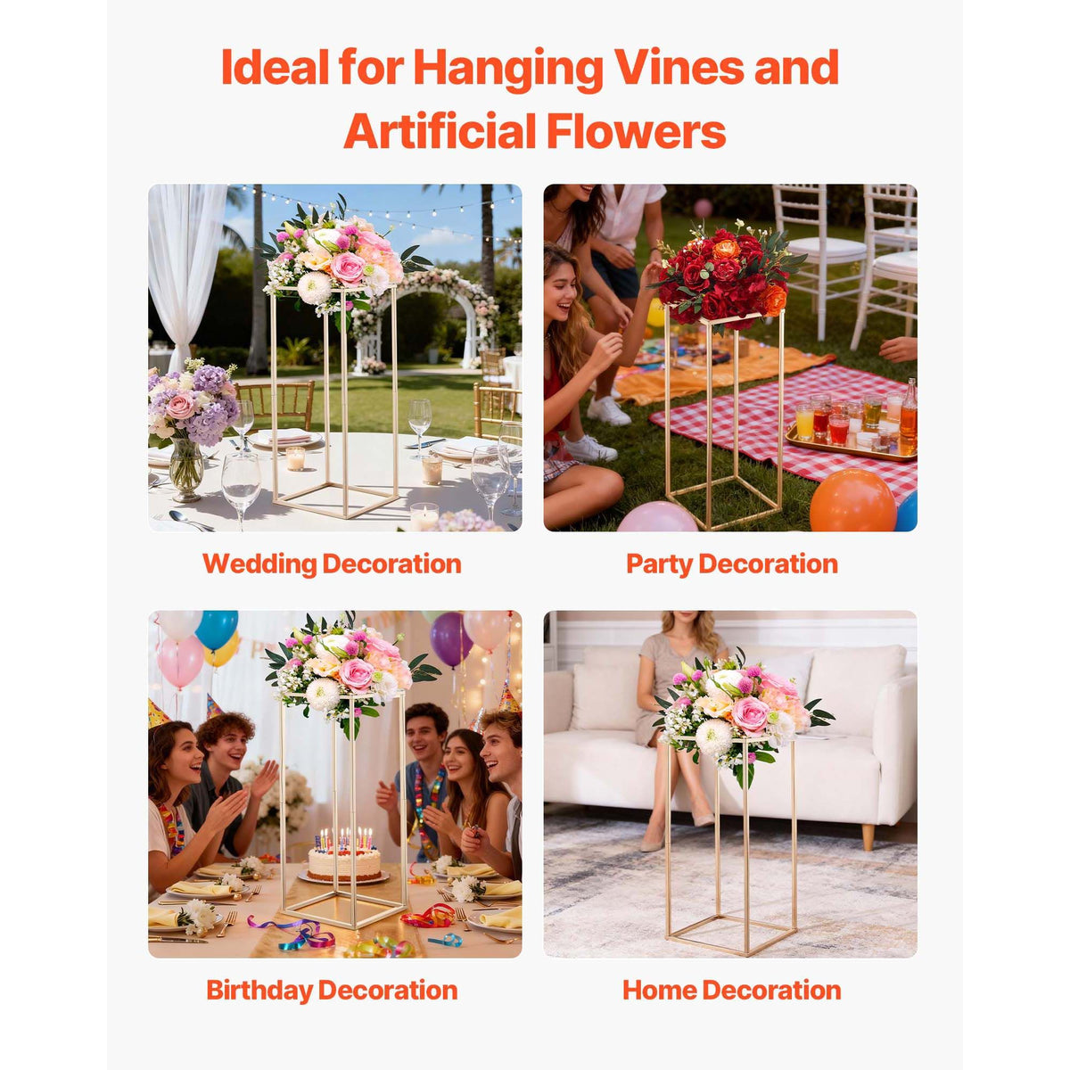 Wedding Flower Stand, 10PCS 60cm Column Flower Stand, Floral Stands with Hidden Screw, Rectangular Cubic Floral Display Rack for Wedding, Party, Birthday, Home, Gold Centerpiece Stands
