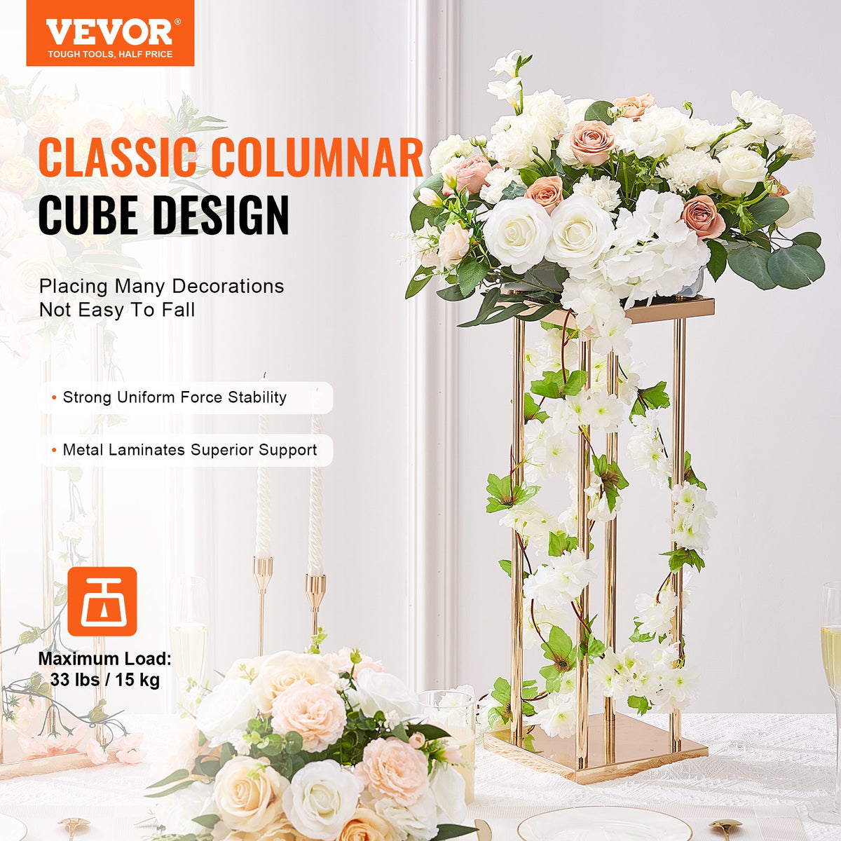 4PCS Gold Metal Column Wedding Flower Stand, 23.6inch /60cm High With Metal Laminate, Vase Geometric Centerpiece Stands, Cylindrical Floral Display Rack for Events Reception, Party Road Leads