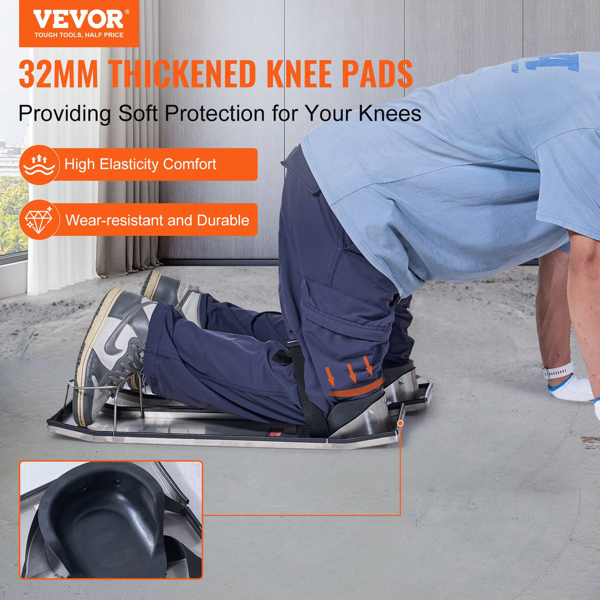Concrete Knee Boards Stainless Steel, 30'' x 8'' Concrete Sliders, Knee Boards For Concrete, Concrete Knee Pads Moving Sliders, with Knee Pads & Board Straps for Cement and Concrete Finishing