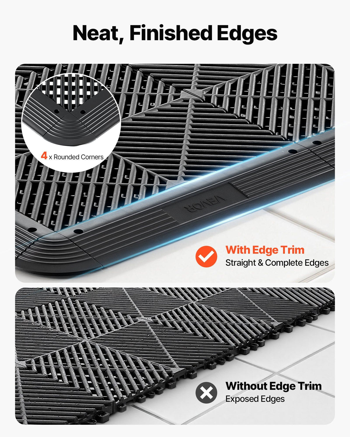Transition Edge Kit, 11-Piece, Durable Straight Garage Floor Edging, PP Material, Easy Installation, Edge Protection for Wet Area Restaurant Pool, Only Compatible with Drainage Mats, Black