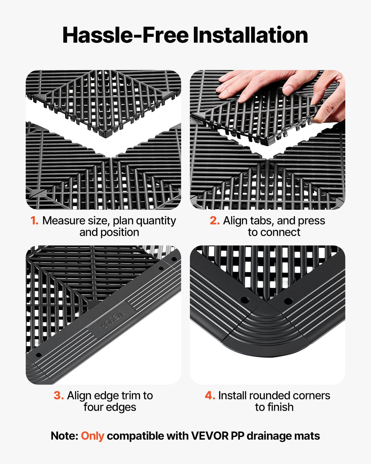 Transition Edge Kit, 11-Piece, Durable Straight Garage Floor Edging, PP Material, Easy Installation, Edge Protection for Wet Area Restaurant Pool, Only Compatible with Drainage Mats, Black