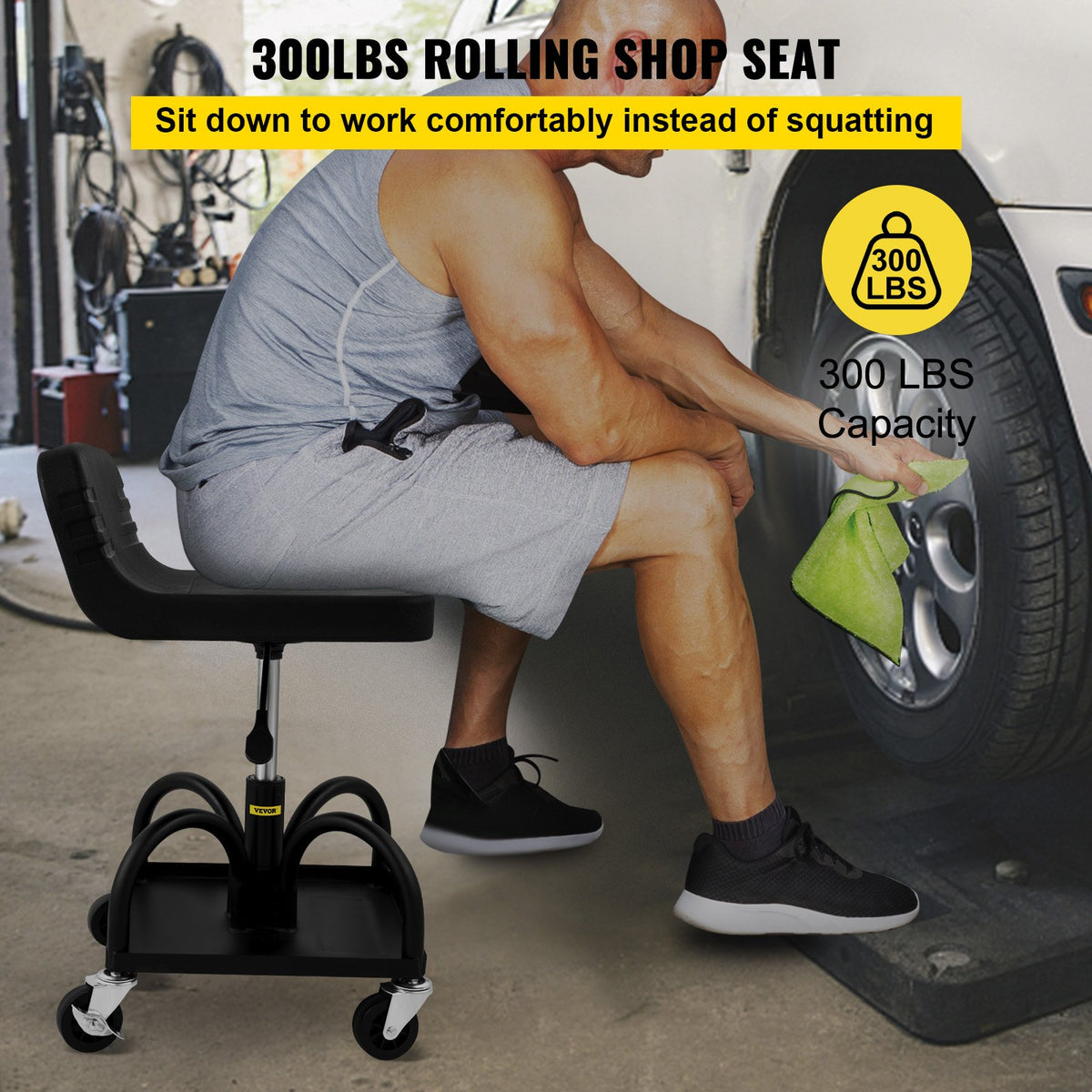 Rolling Garage Stool 300LBS Adjustable Mechanic Work Shop Seat w/Casters