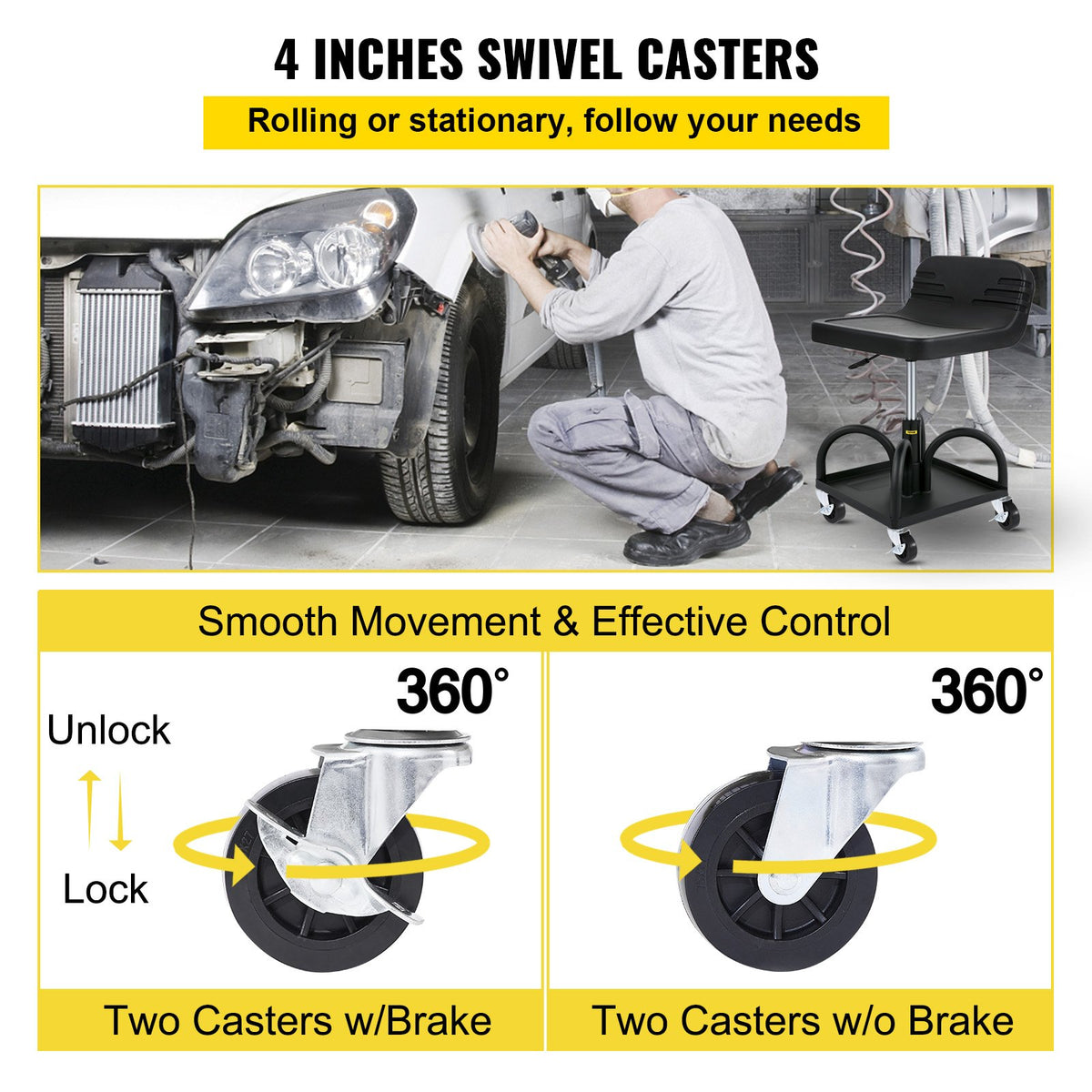 Rolling Garage Stool 300LBS Adjustable Mechanic Work Shop Seat w/Casters