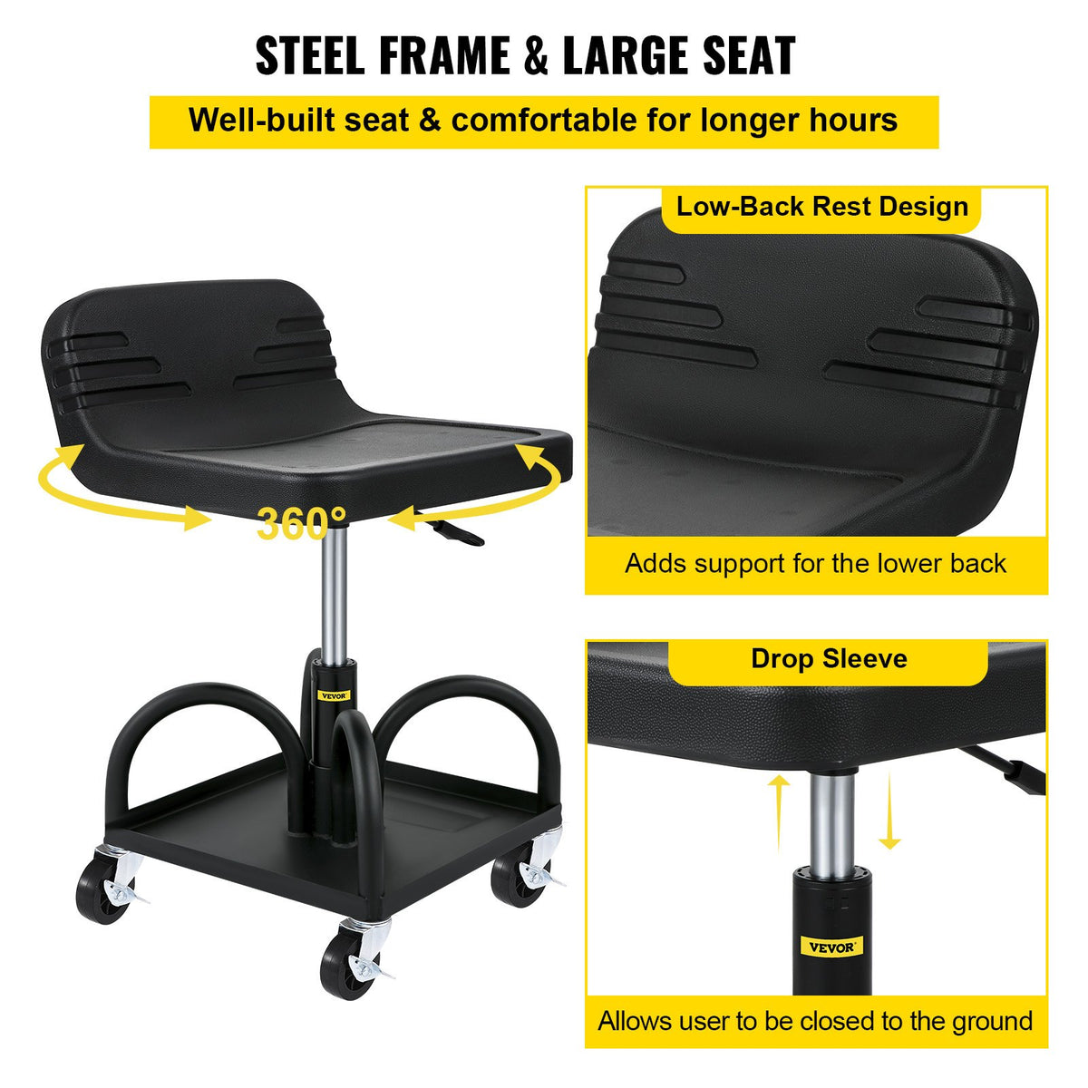 Rolling Garage Stool 300LBS Adjustable Mechanic Work Shop Seat w/Casters