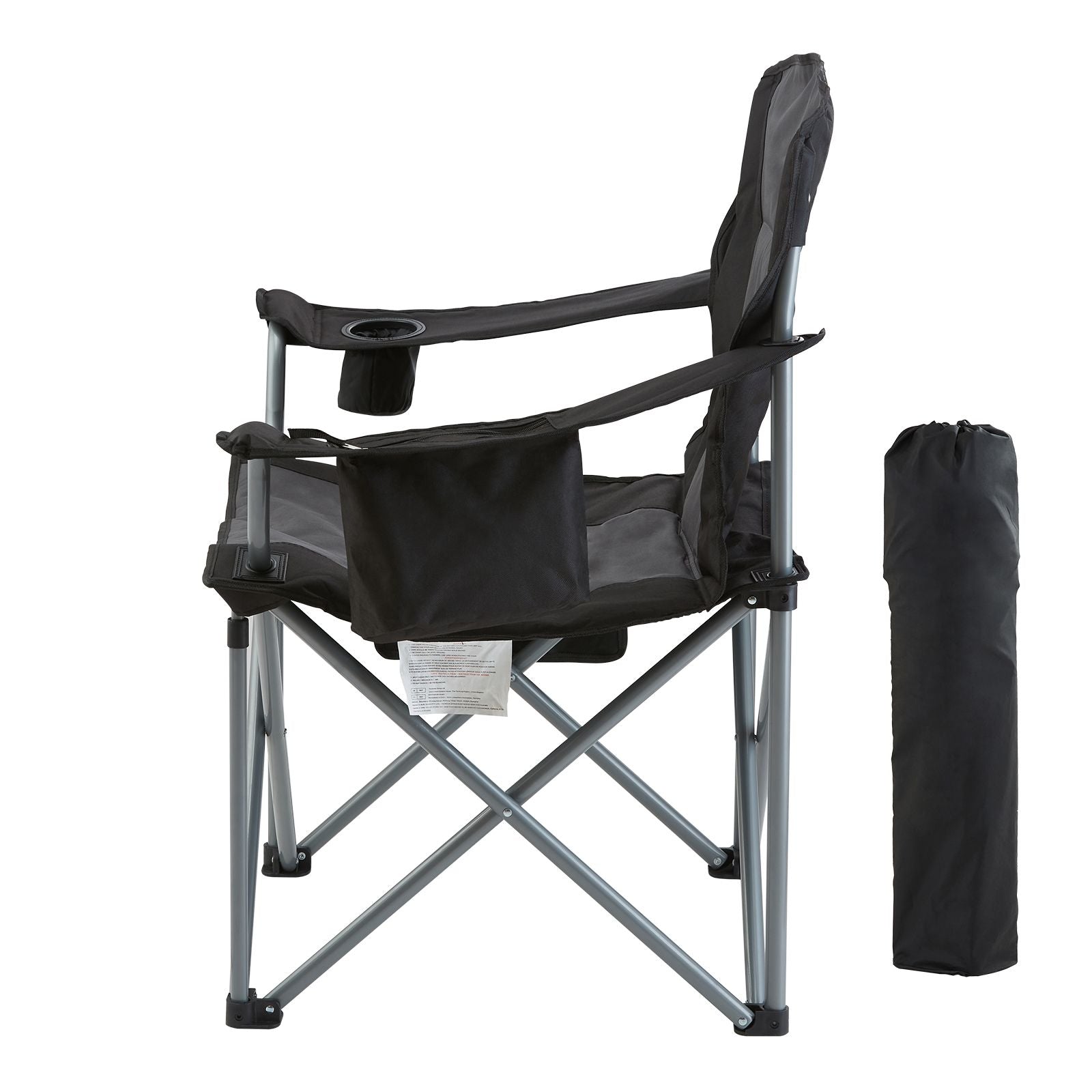 Camping Folding Chair for Adults, Portable Heavy Duty Outdoor Quad Lumbar Back Padded Arm Chairs with Side Pockets, Cup Holder and Cooler Bag for Beach, Lawn, Picnic, Fishing, Backpacking, Black