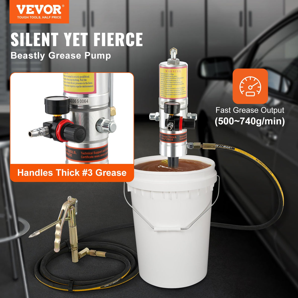 Grease Pump, 50:1 Pressure Ratio Air Operated Grease Pump with 3.88 m High Pressure Hose and Grease Gun, Pneumatic Grease Pump, Portable Lubrication Grease Pump with 360° Swivel Grease Gun Head