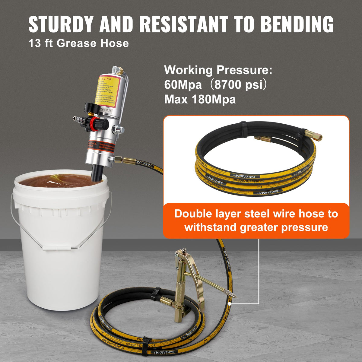 Grease Pump, 50:1 Pressure Ratio Air Operated Grease Pump with 3.88 m High Pressure Hose and Grease Gun, Pneumatic Grease Pump, Portable Lubrication Grease Pump with 360° Swivel Grease Gun Head