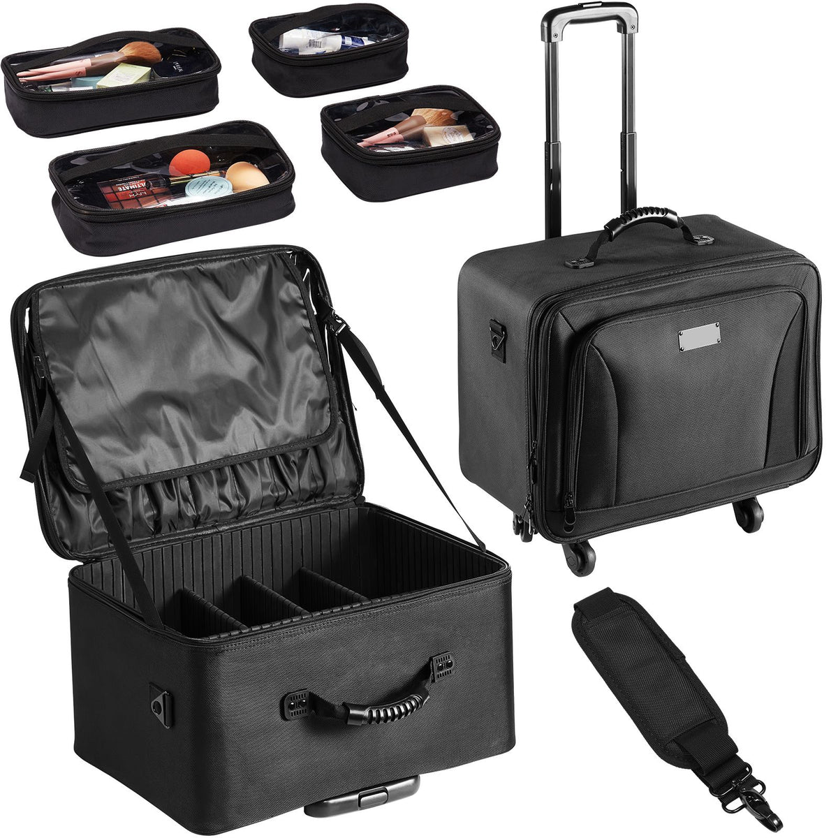 Rolling Makeup Train Case Large Storage 3 Tiers, Convenient Carry With Handle, Wheels, Strap, Professional Makeup Storage Organizer Box Make Up Carrier Waterproof Oxford, Black