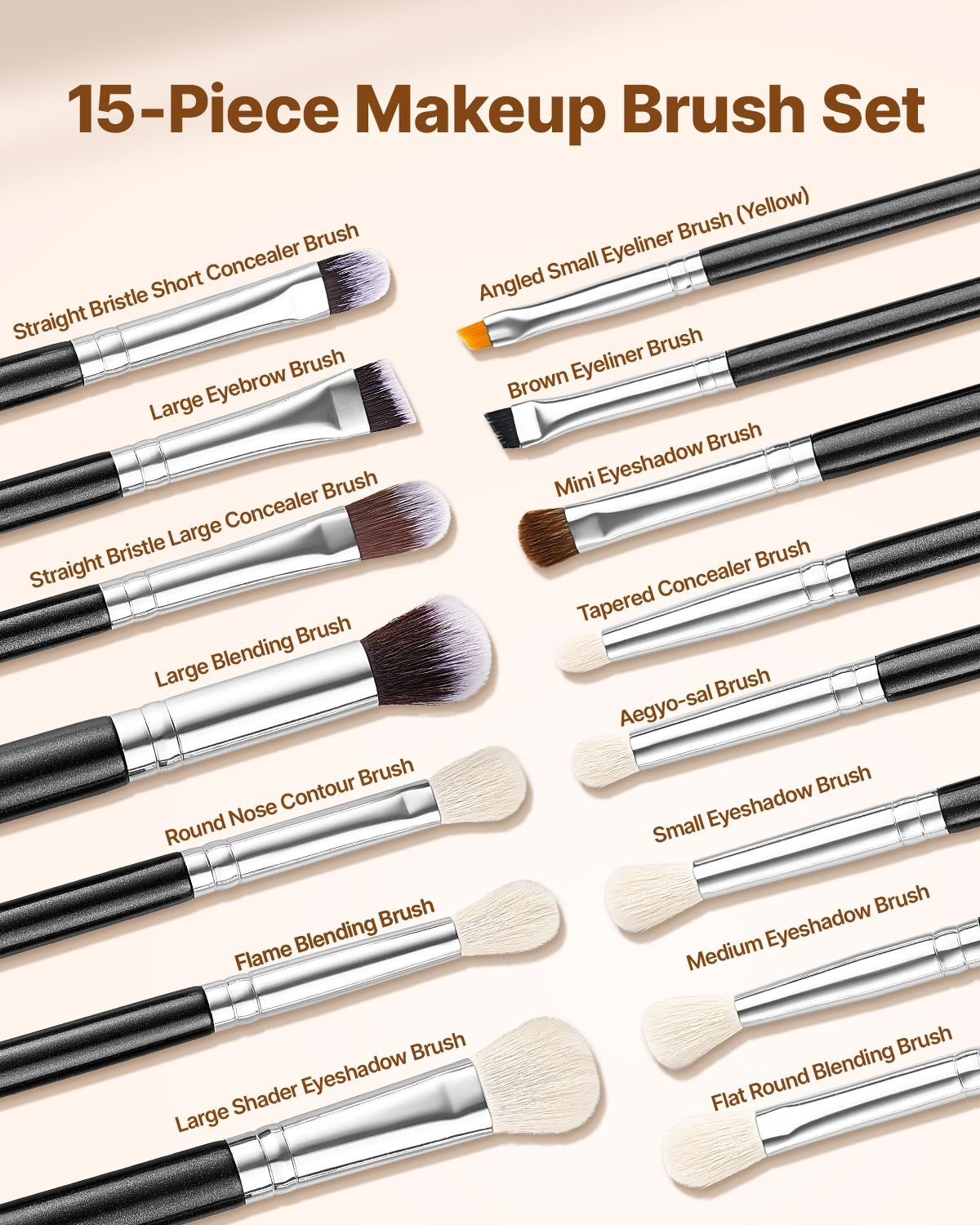 15-Piece Makeup Brush Set for Foundation Blending Eyeshadow, Professional Vegan Brushes with Soft Synthetic Bristles, Ergonomic Wood Handle & Aluminum Ferrule, Portable and Travel-Friendly