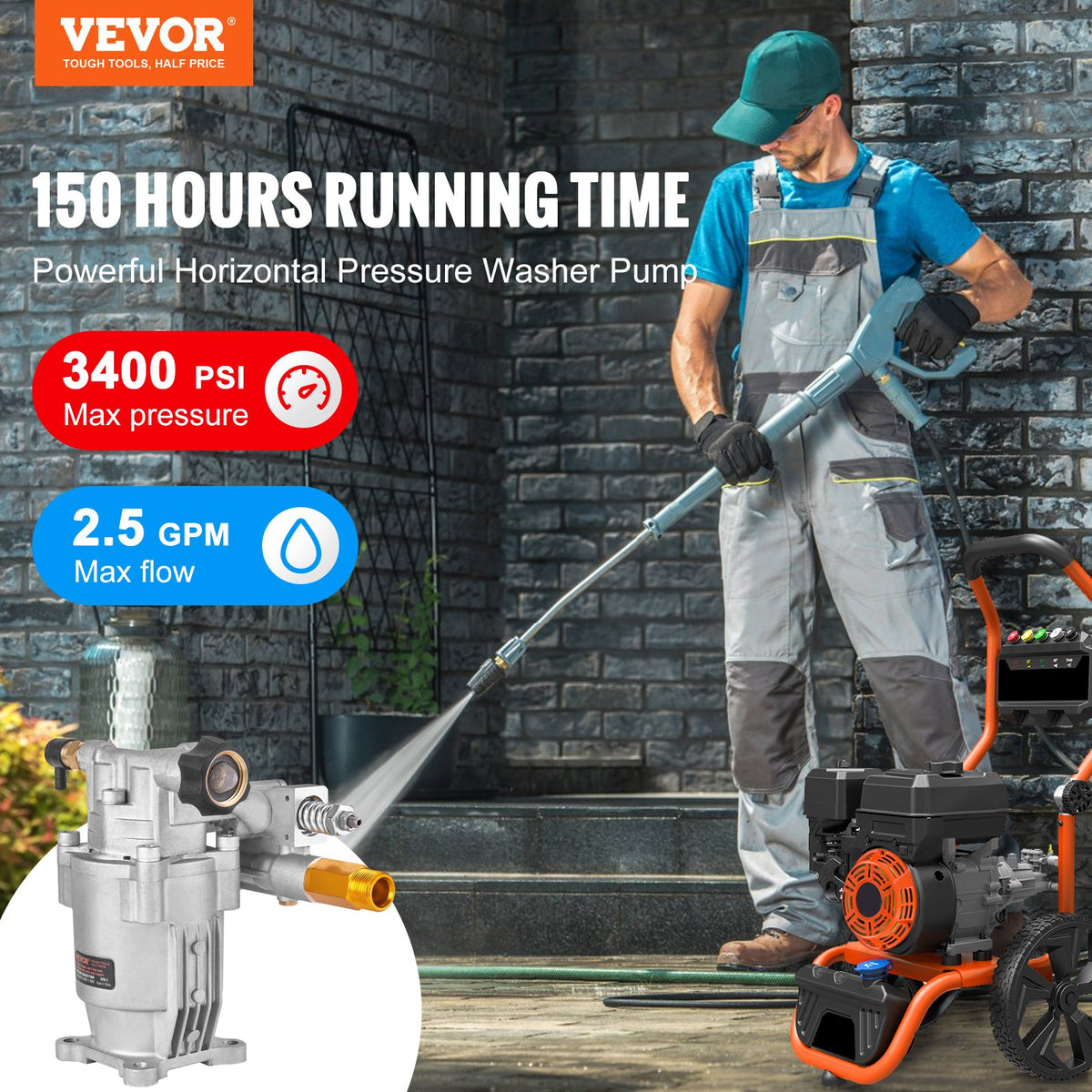 Pressure Washer Pump, 19 mm Shaft Horizontal, 3400 PSI, 2.5GPM, Replacement Power Washer Pumps Kit, Parts Washer Pump, Compatible with Honda, Simpson, RYOBI, Briggs & Stratton, Subaru, Craftsman