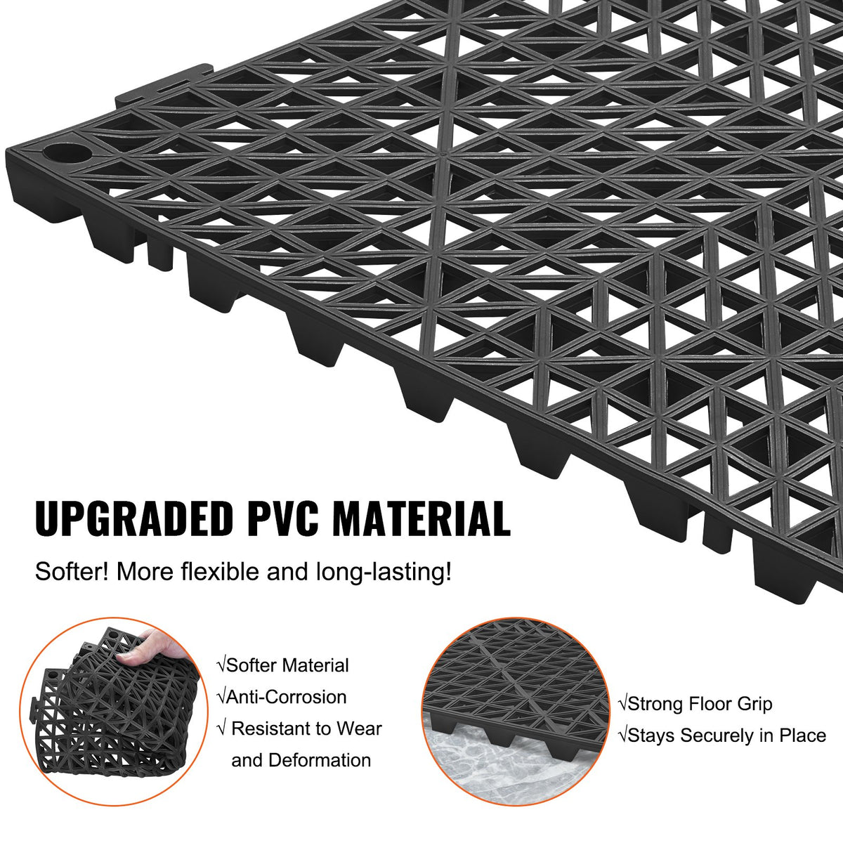 Modular Interlocking Cushion, 12 Pack 30 x 30 cm Splicing Drainage Mats, PVC Interlocking Drainage Floor Tiles, Non-Slip Drainage Holes for Restroom, Bathroom, Kitchen, Pool, Wet Area, Black