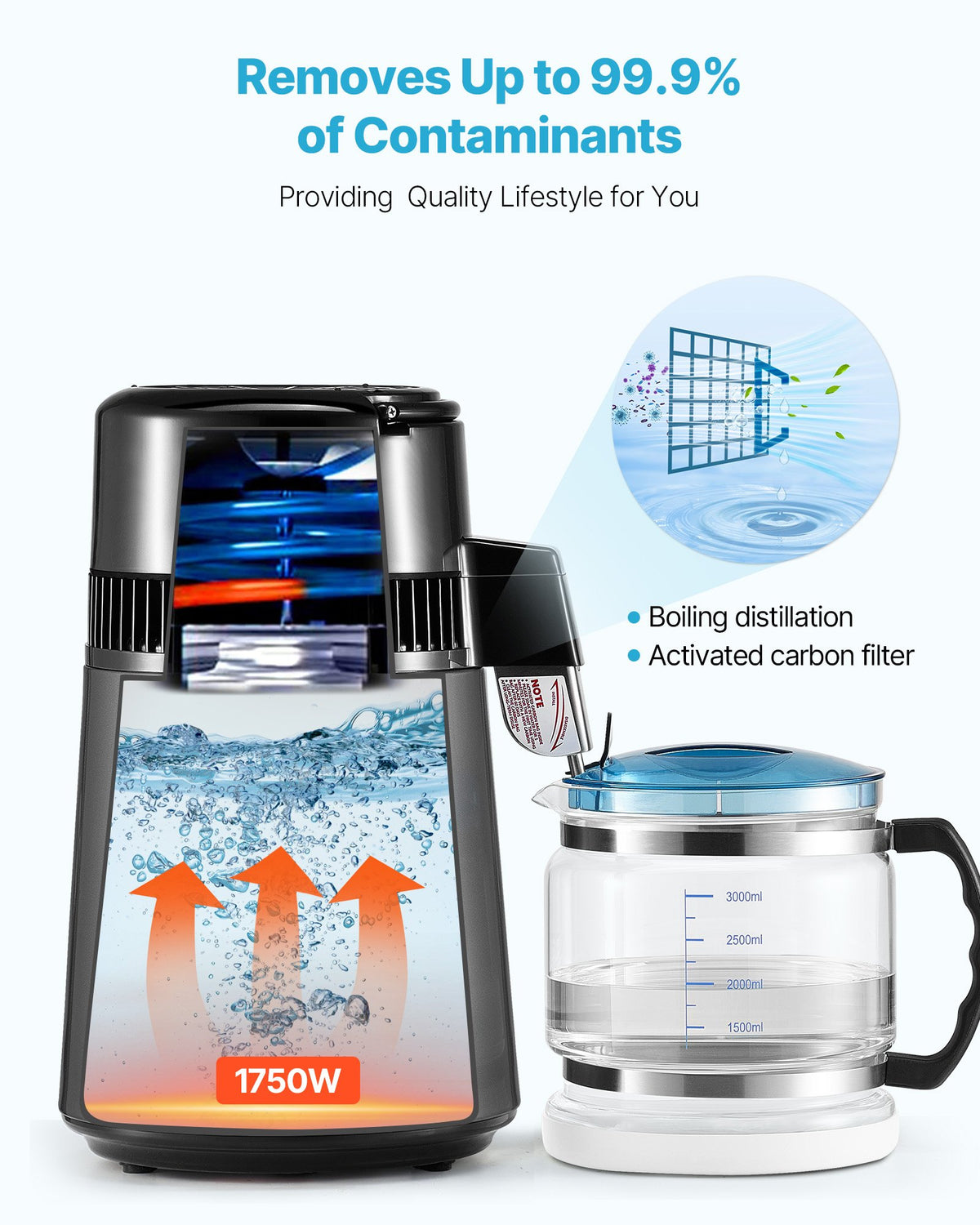 Water Distiller, 4L 1.1 Gallon Pure Water Purifier Filter For Home Table Countertop, 1750W Distilled Maker with Glass Pot, Stainless Steel Interior Drinking Machine to Make Clean Waters, Grey
