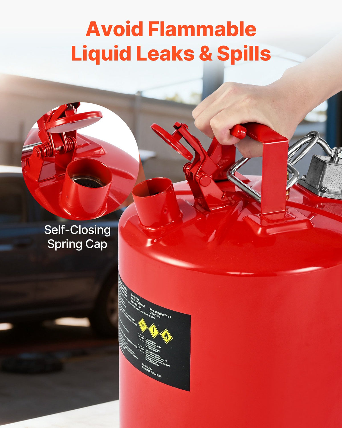 Safety Gas Can, 19 L Type II Red Safety Can for Gasoline with Stainless Steel Flame Arrester, Self-Closing Lid, and Flexible Metal Spout, Carbon Steel Flammable Storage with Ergonomic Handle