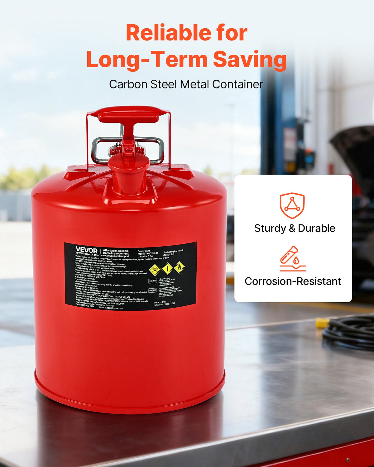 Safety Gas Can, 19 L Type II Red Safety Can for Gasoline with Stainless Steel Flame Arrester, Self-Closing Lid, and Flexible Metal Spout, Carbon Steel Flammable Storage with Ergonomic Handle
