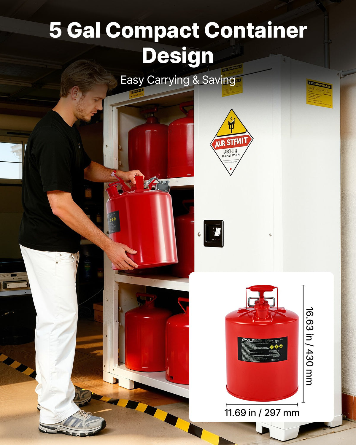Safety Gas Can, 19 L Type II Red Safety Can for Gasoline with Stainless Steel Flame Arrester, Self-Closing Lid, and Flexible Metal Spout, Carbon Steel Flammable Storage with Ergonomic Handle