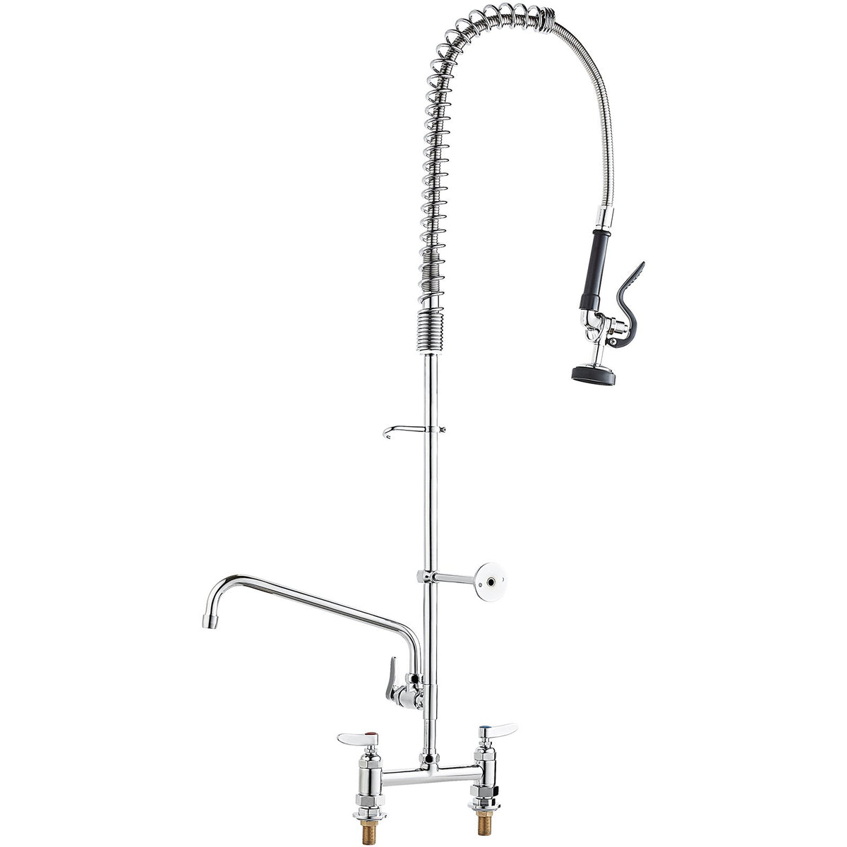 Commercial Faucet with Pre-Rinse Sprayer, 44" Height, 8" Center, 12" Swing Spout, Deck Mount Kitchen Sink Faucet, Brass Constructed Device with Pull Down Spray, for 1/2/3 Compartment Sink