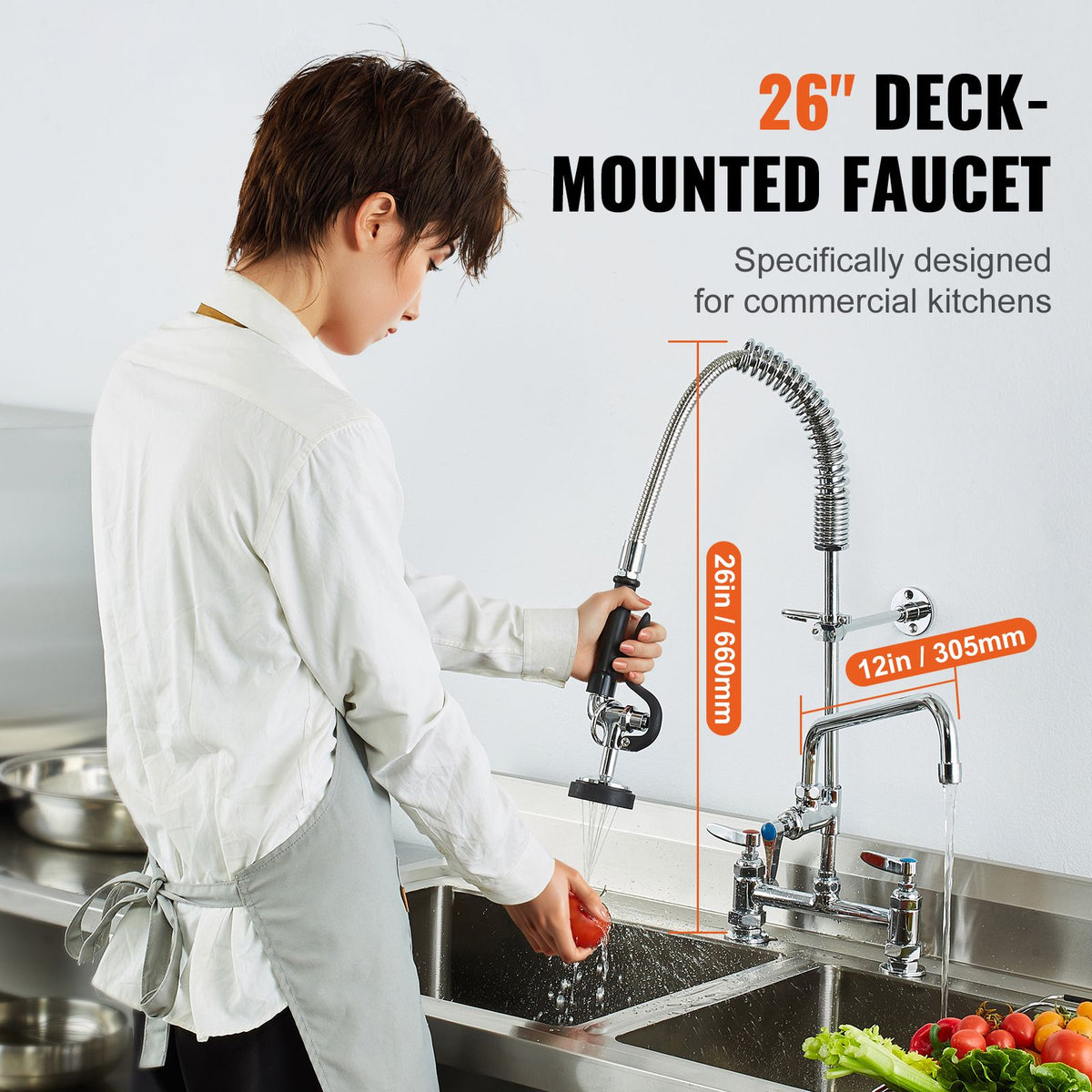 Commercial Faucet with Pre-Rinse Sprayer, 26" Height, 8" Center, 12" Swing Spout, Deck Mount Kitchen Sink Faucet, Brass Constructed Device with Pull Down Spray, for 1/2/3 Compartment Sink