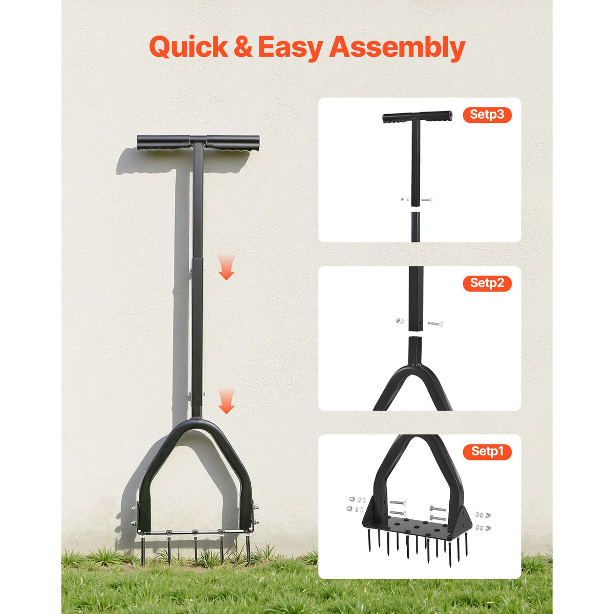 Lawn Aerator, 9.2 in Manual Core Aerator Tool with 15 Iron Spikes, Long Handle & Wide Plate, Heavy Duty Grass Aeration Tool, Yard Aerators for Compacted Hardened Soil Lawn Aeration