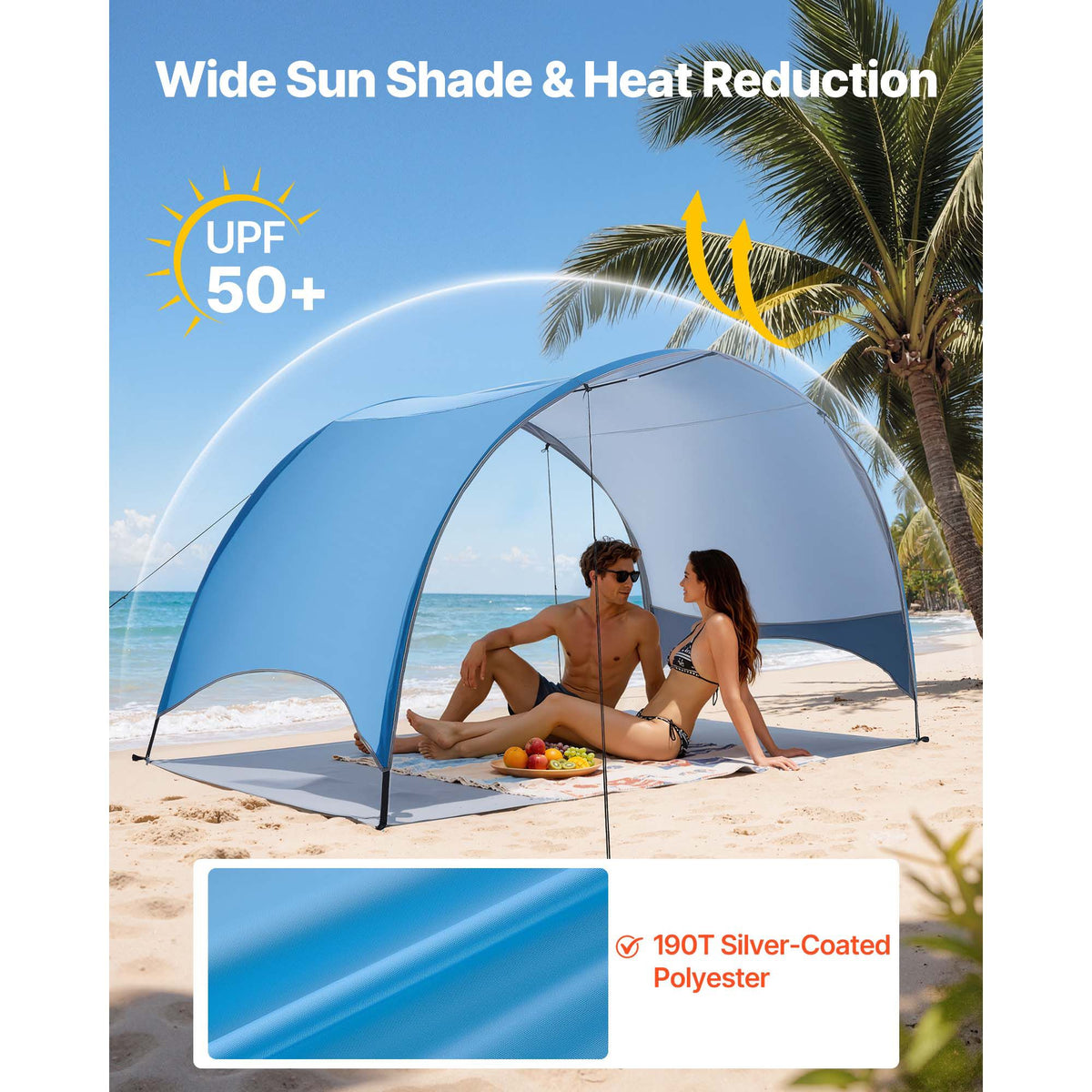 Beach Tent Sun Shelter for 3 Person, UPF 50+ Protection, Portable Sun Shade Canopy with Carrying Bag & Ground Stakes, Lightweight and Easy Setup Beach Umbrella for Camping Fishing Outdoor Picnic