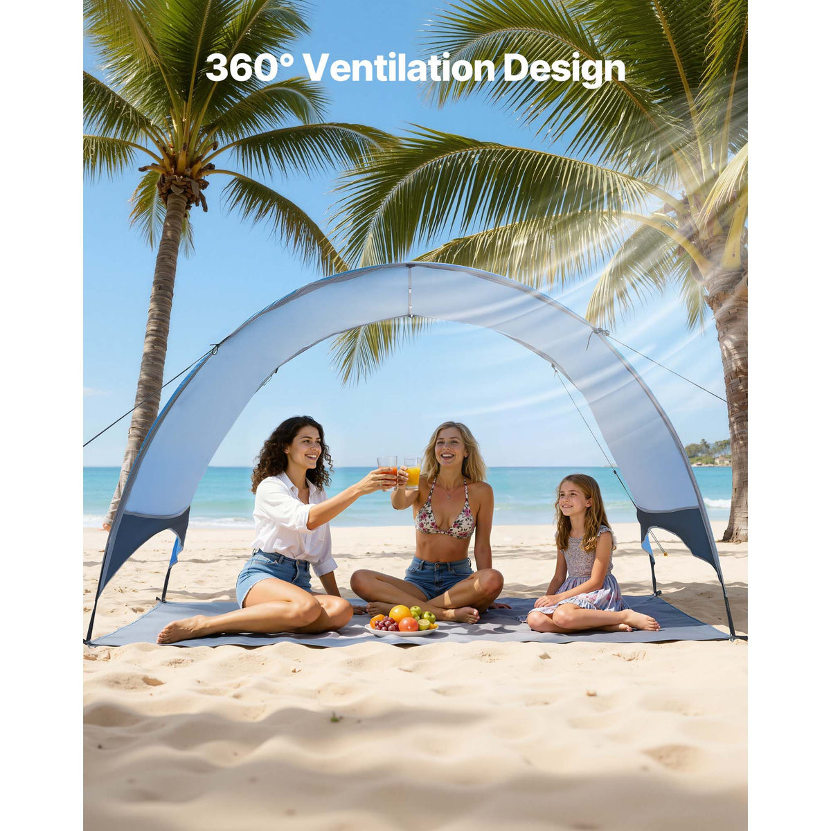 Beach Tent Sun Shelter for 3 Person, UPF 50+ Protection, Portable Sun Shade Canopy with Carrying Bag & Ground Stakes, Lightweight and Easy Setup Beach Umbrella for Camping Fishing Outdoor Picnic