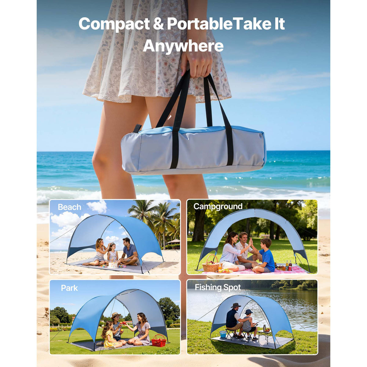 Beach Tent Sun Shelter for 3 Person, UPF 50+ Protection, Portable Sun Shade Canopy with Carrying Bag & Ground Stakes, Lightweight and Easy Setup Beach Umbrella for Camping Fishing Outdoor Picnic