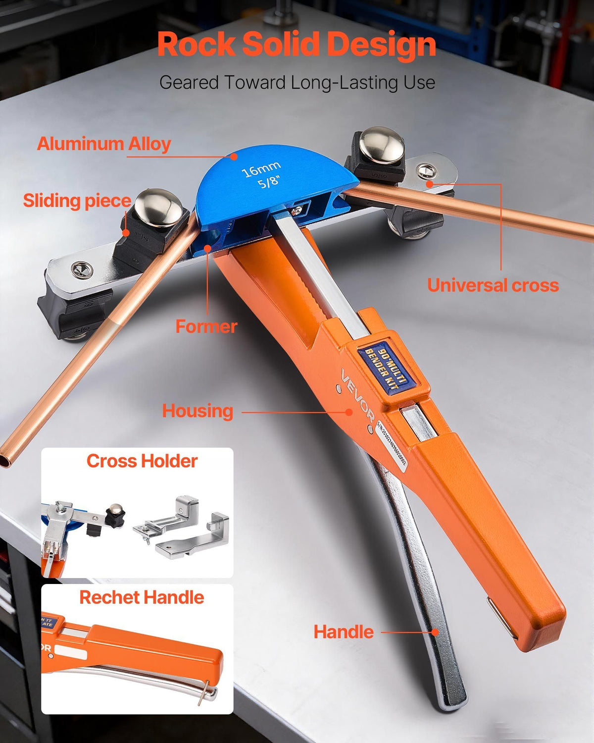 Tubing Bender Kit, 6 mm to 22 mm, Compact Ratcheting Tube Pipe Bender, Forward/Reverse Hand Bending Tool, with 7 Color Aluminium Alloy Dies, for Copper HVAC Air Conditioning Refrigeration Repair