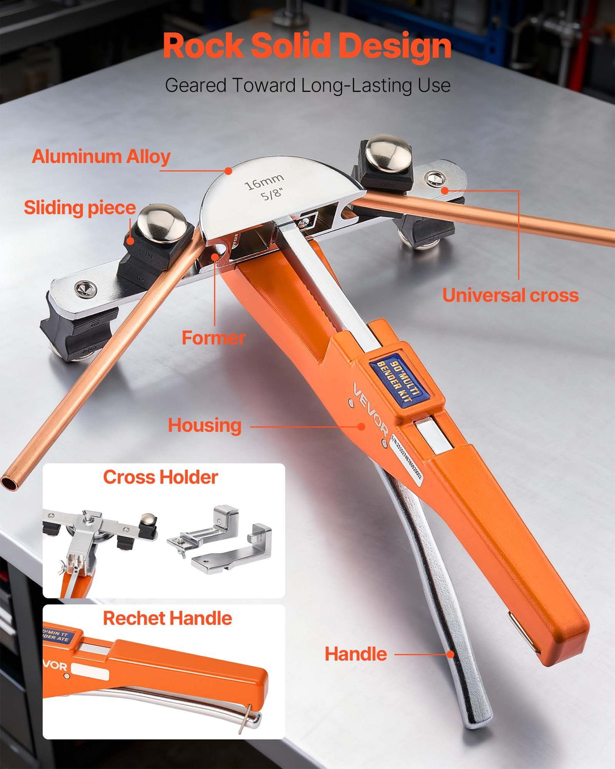 Tubing Bender Kit, 6 mm to 22 mm, Compact Ratcheting Tube Pipe Bender, Forward/Reverse Hand Bending Tool, with 7 Aluminium Alloy Dies, for Copper HVAC Air Conditioning Refrigeration Auto Repair