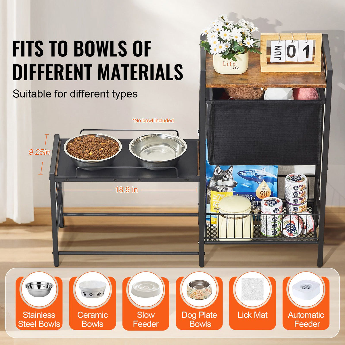 Pet Feeding Station with Storage Dog Food & Toy Organizer Raised Dog Bowls
