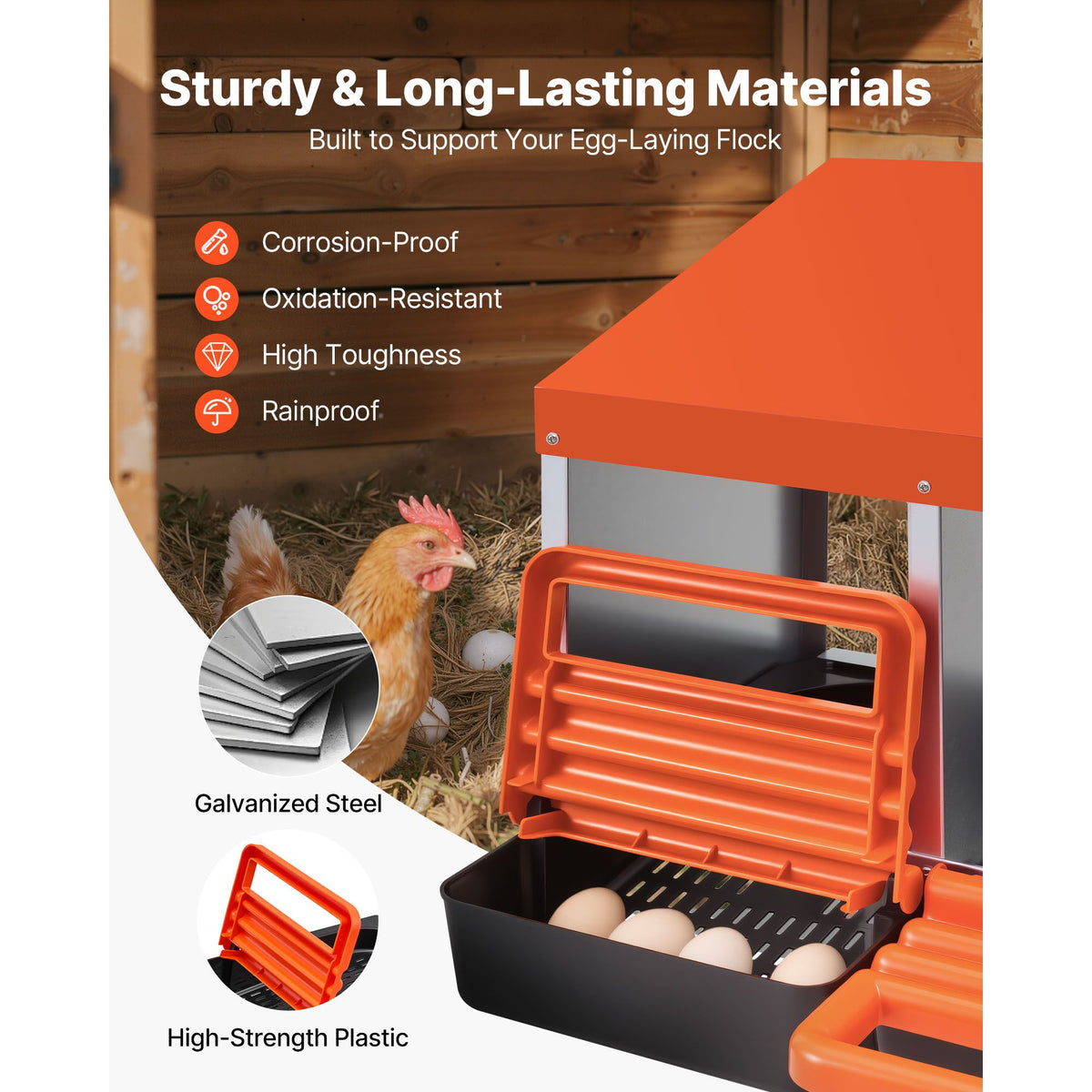 Chicken Nesting Boxes, 2 Compartments, Easy Egg Collection, Wall Mount, Easy to Assemble, Galvanized Steel and High-Strength Plastic, Roll Away Nesting Boxes for Chickens Laying Eggs, Orange