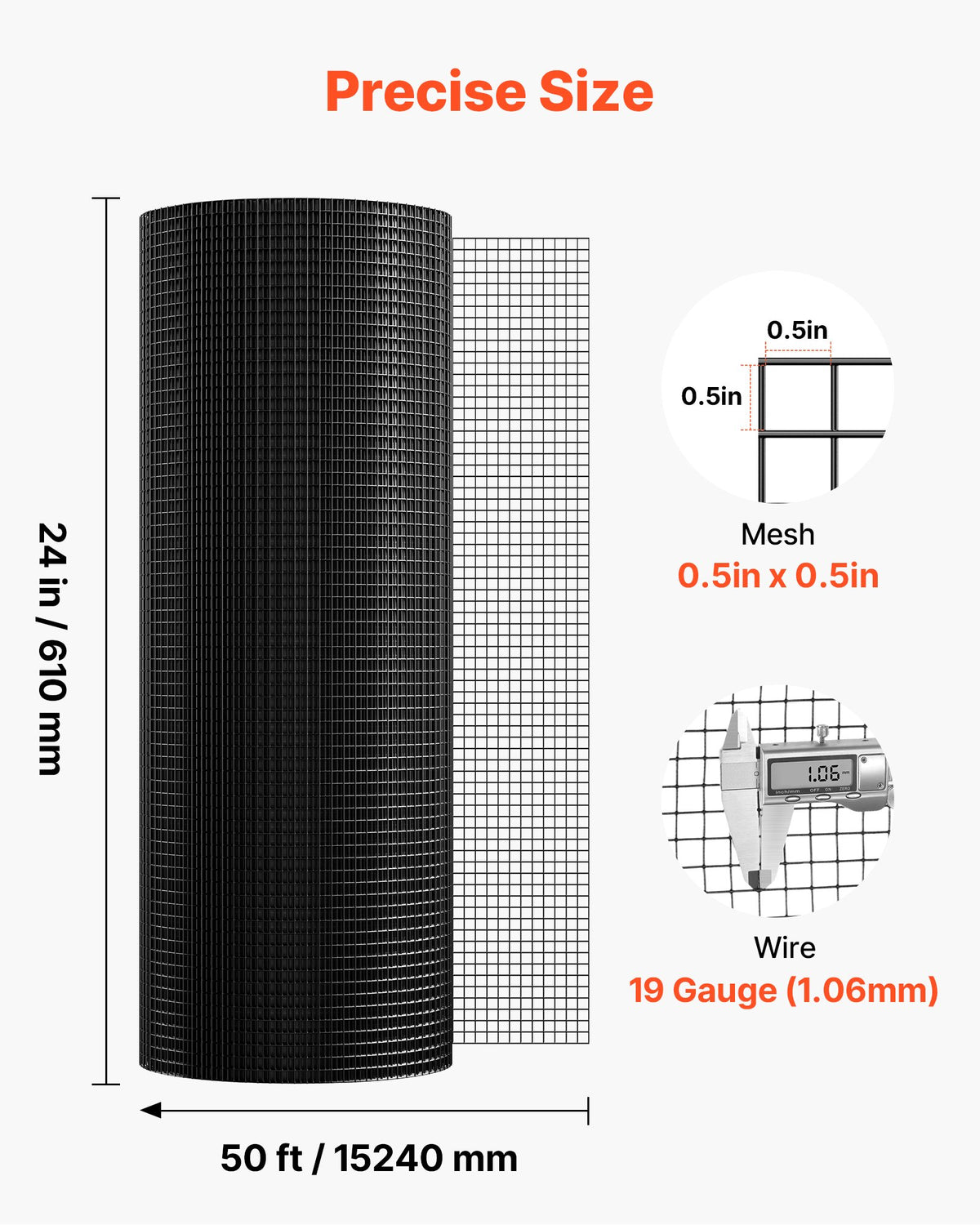 Hardware Cloth 61cm x 15.2m, 1/2 in 19 Gauge Galvanized Wire Mesh Roll, Weather-Resistant Vinyl Coated Chicken Wire Fencing, Heavy Duty Welded Garden Plant Fencing for Rabbit Cage Snake Fence