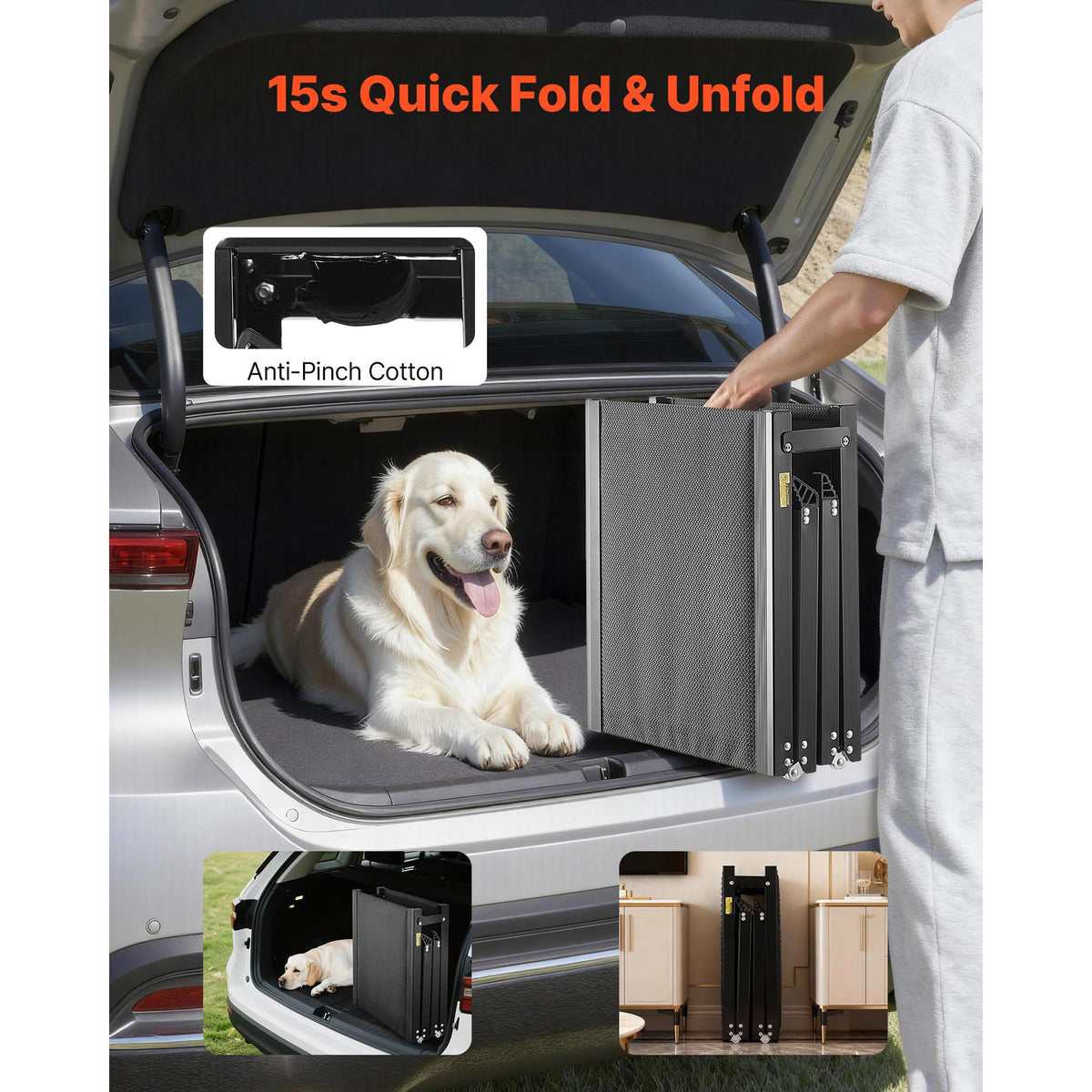 Dog Ramp for Cars, 1600 × 432 mm, Folding Pet Ramps for Medium & Large Dogs up to 113 kg, Pet Stair Ramp with Non-Slip Oxford Fabric Surface, Portable Outdoor Dog Car Ramps for SUV & Truck
