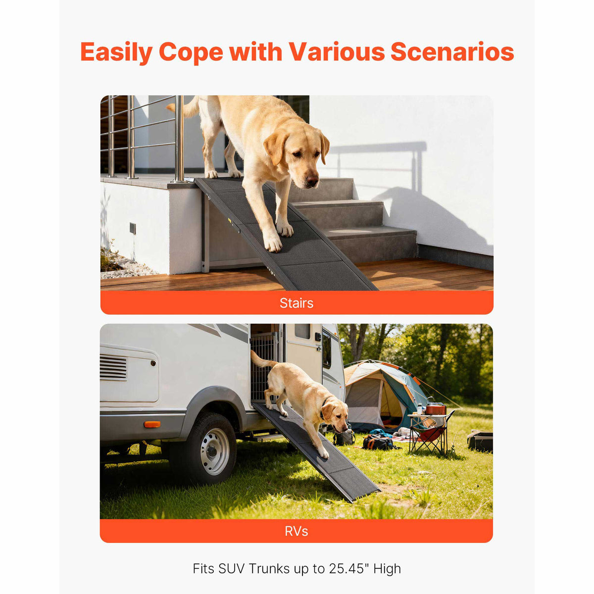 Dog Ramp for Cars, 1800 × 432 mm, Folding Pet Ramps for Medium & Large Dogs up to 113 kg, Pet Stair Ramp with Non-Slip Oxford Fabric Surface, Portable Outdoor Dog Car Ramps for SUV & Truck