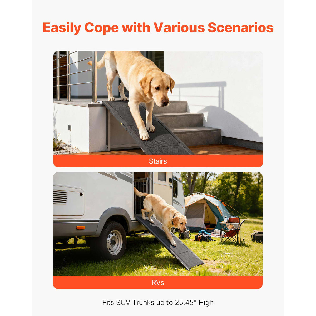 Dog Ramp for Cars, 1800 × 508 mm, Folding Pet Ramps for Medium & Large Dogs up to 113 kg, Pet Stair Ramp with Non-Slip Oxford Fabric Surface, Portable Outdoor Dog Car Ramps for SUV & Truck