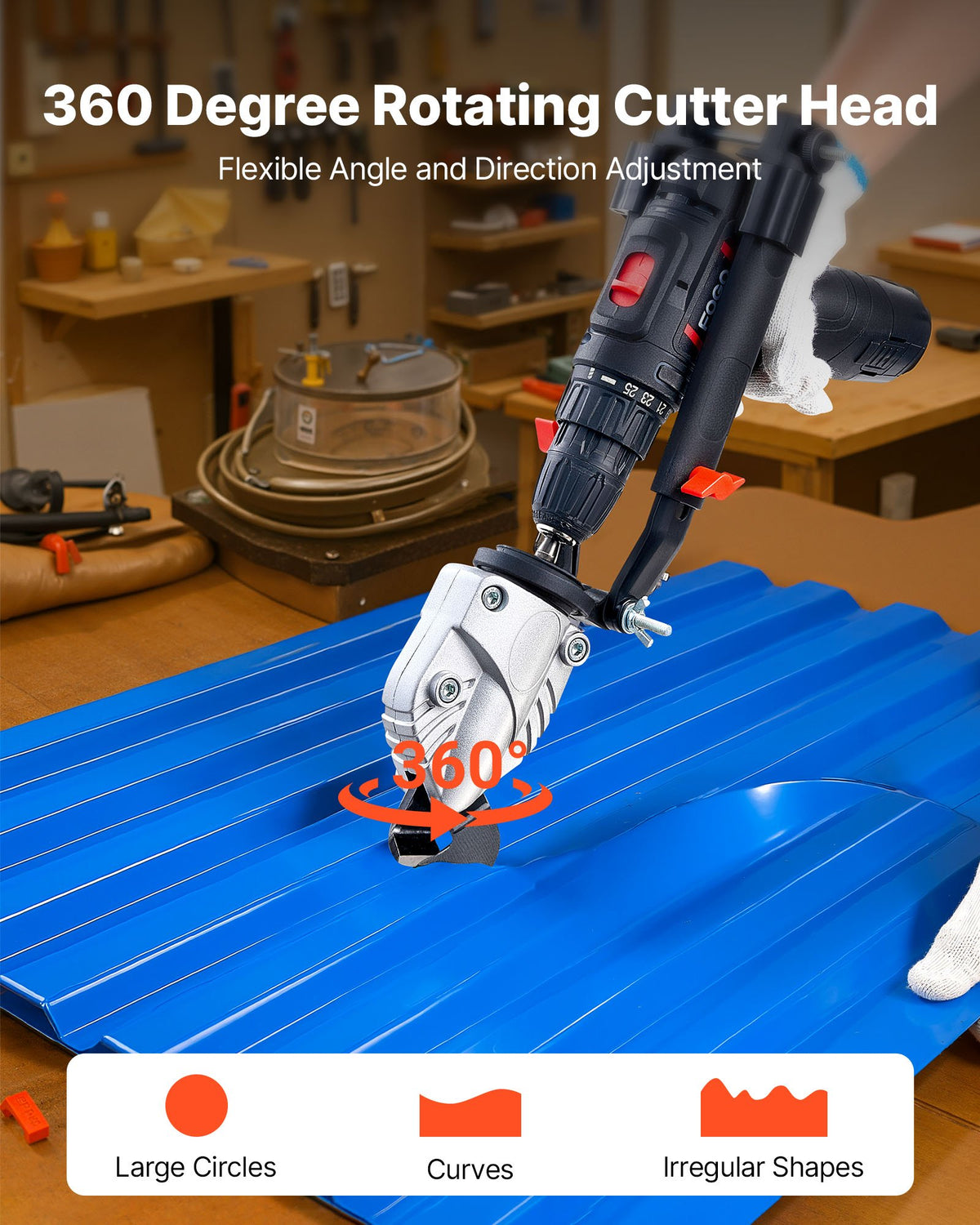 Metal Shear/Cutter Drill Attachment, Sheet Metal Cutter with 360-Degree Pivoting Head, Sharp Blades,Ideal for 18 GA Galvanized Steel, 20 GA Stainless Steel, Aluminum Plate, Plastic, Cardboard
